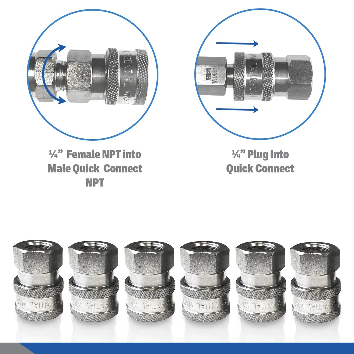 Essential Washer Conexión rápida NPT hembra de acero inoxidable de 0.6 cm | Accesorios de conexión rápida para lavadora a presión | 5000 PSI | Juego de 6