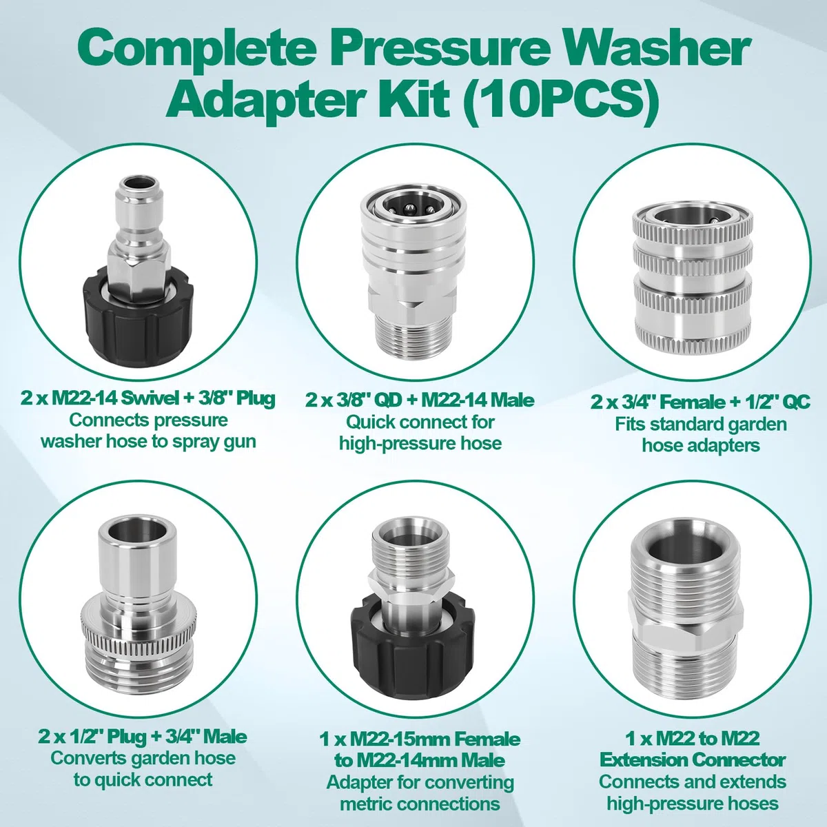 Kit de adaptadores para lavadora a presión, juego de 10 piezas de conexión rápida de acero inoxidable, M22-14 mm giratorio a enchufe de 3/8 pulgadas, adaptador hembra M22-15 mm a macho M22-14 mm