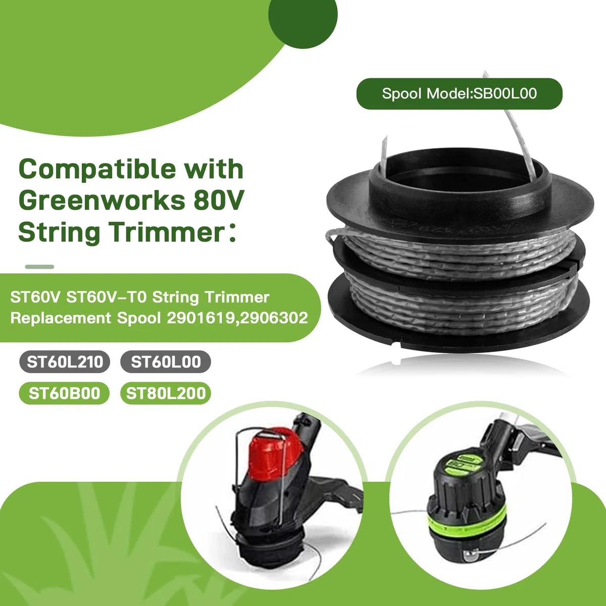 SB00L00 - Bobina de recortadora de cuerdas compatible con Greenworks ST60V ST60V-T0 80V ST80L200, repuestos de recortadora de cuerdas Dual Line 2901619 2906302, línea de carrete de repuesto de 17 pies