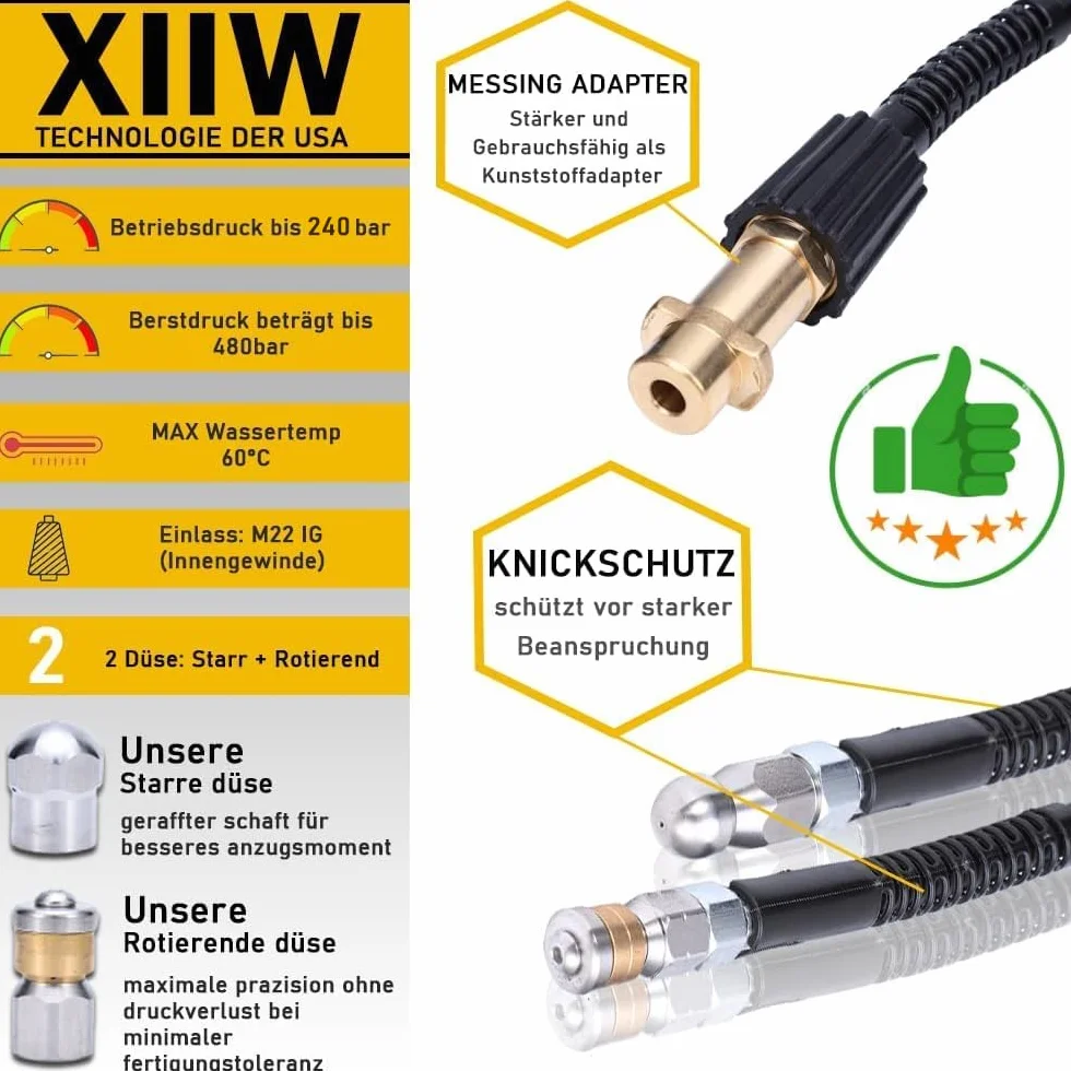 Kränzle Kärcher K2, K3, K4, K5, K6, K7 - Juego de manguera de limpieza de tuberías (15 m, 240 bar, incluye adaptador M22, boquillas rígidas + giratorias)