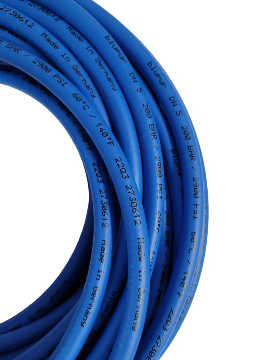 Manguera de limpieza de manguera azul compatible con lavadoras a presión Kränzle - Rosca macho M22 x 1,5 - Con boquilla de 4 vías RR - 3 en la parte posterior y 1 en la parte delantera - Presión