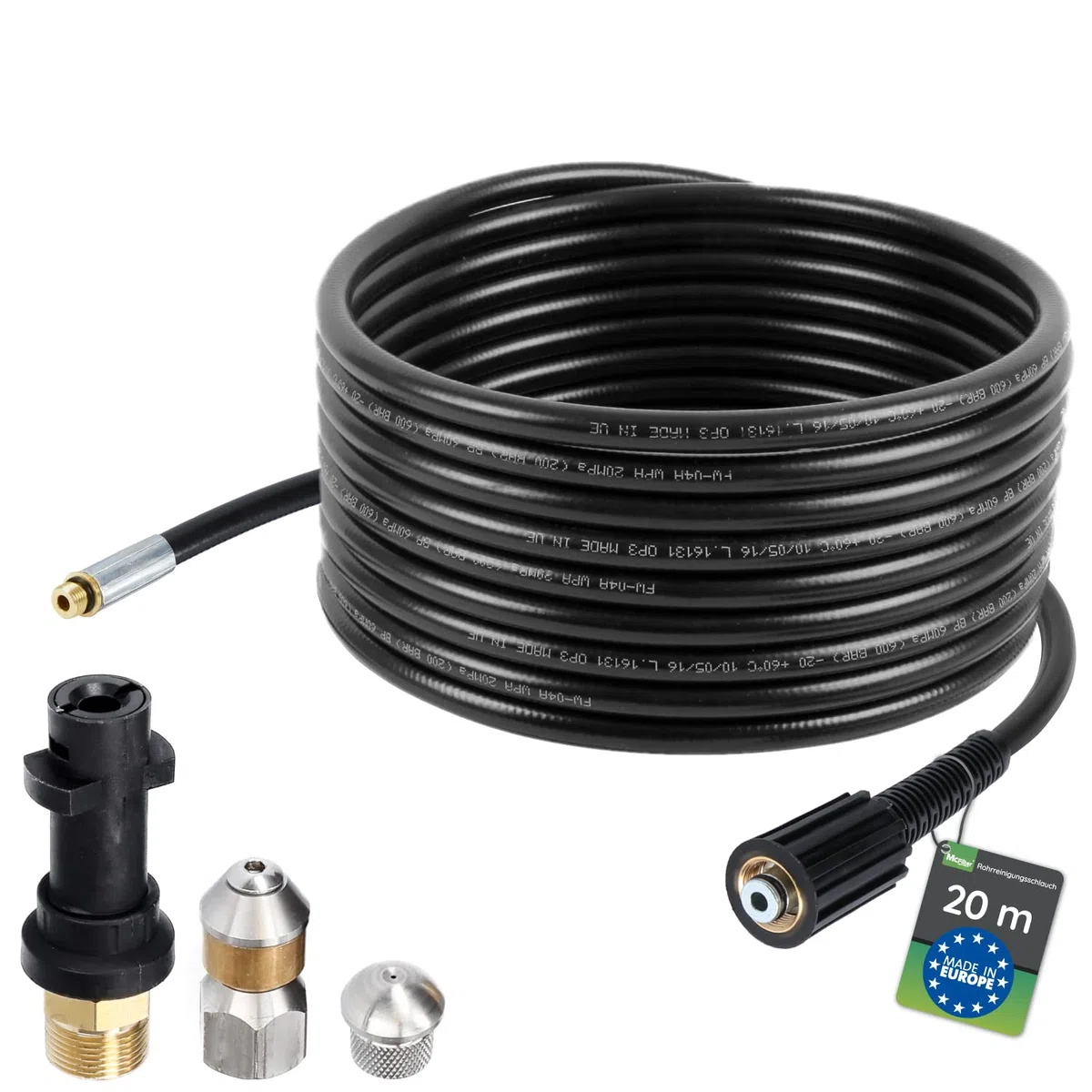Manguera para limpieza de tuberías, 20m, 160-200 bar, incl. adaptador, boquillas rígidas + giratorias, compatible con las limpiadoras de alta presión Karcher K2, K3, K4, K5, K6, K7