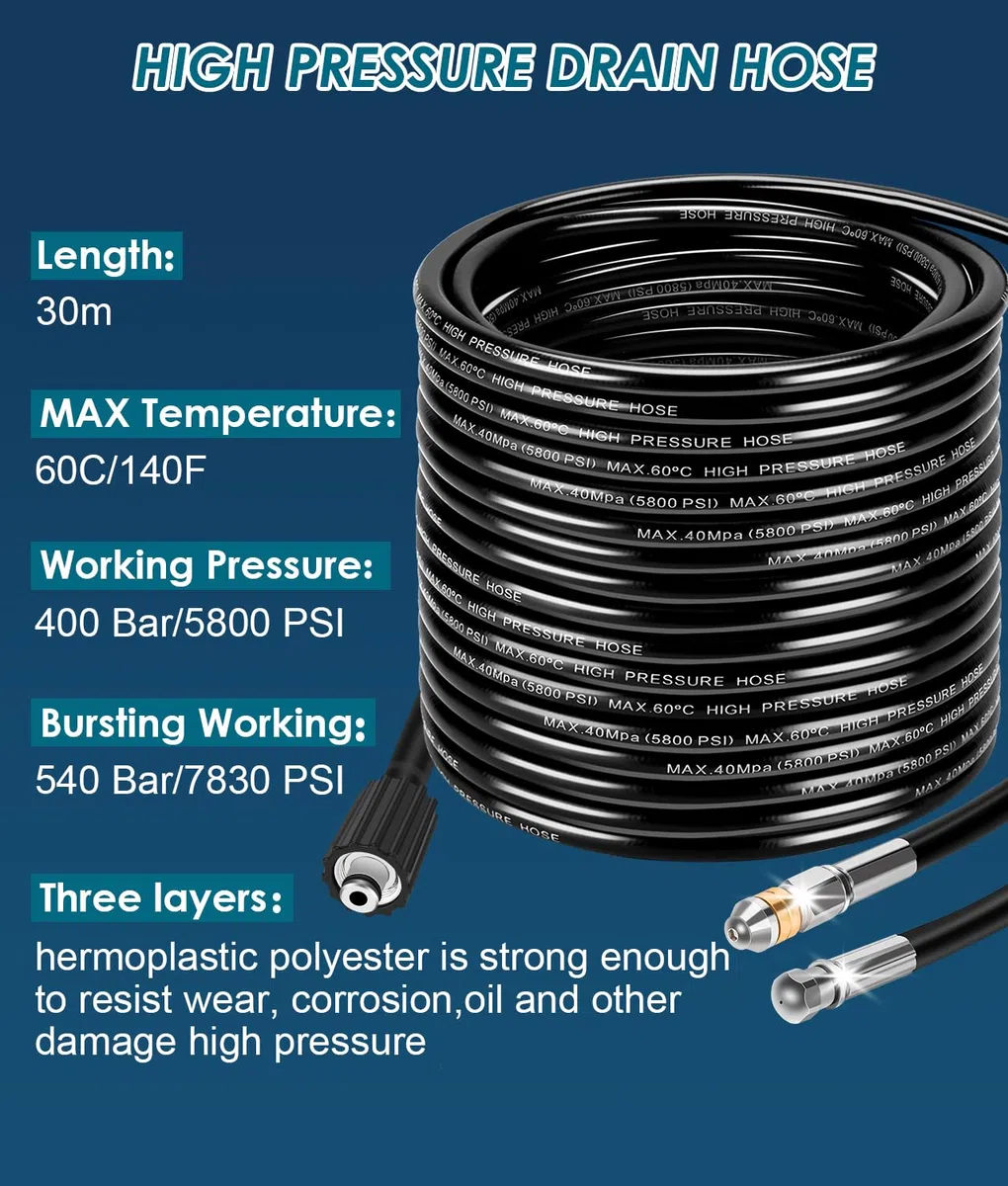 WADEO Juego de manguera de limpieza de tuberías 30M 400 bar para hidrolimpiadoras Kärcher de las series K2-K7 y Bosch Lavor, 5800 PSI, con adaptador M22 y boquillas fijas + giratorias