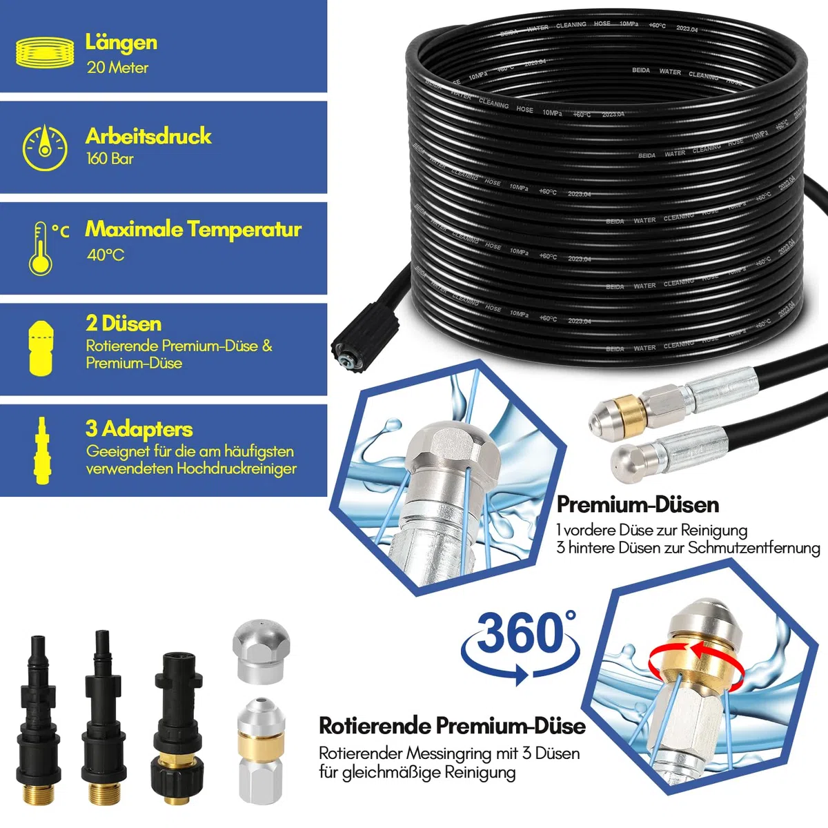 Daromigo Manguera de limpieza de tuberías Premium 20M, 3 adaptadores 2 boquillas, con K2, K3, K4, K5, K6, K7, LAVOR, Bosch, limpiador de tuberías de alta presión para la limpieza de tuberías de