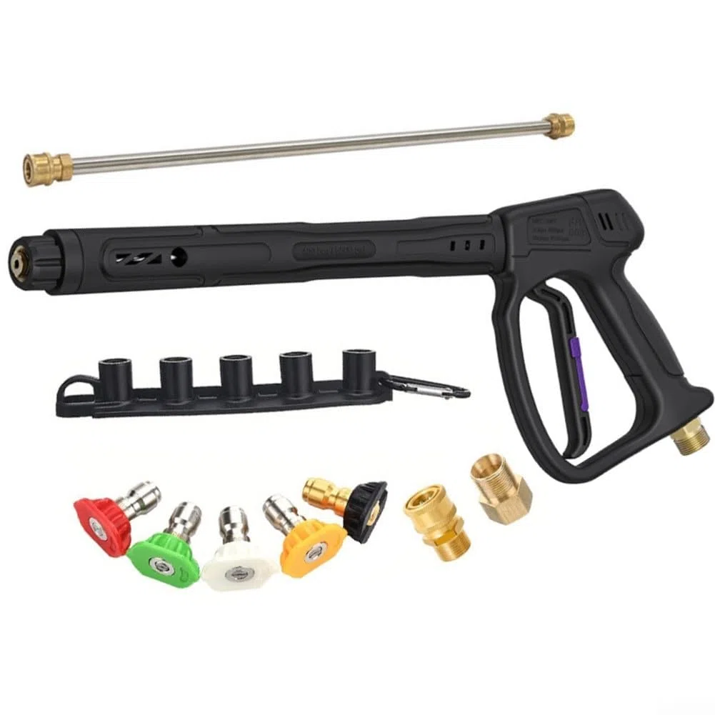 Pistola de limpieza de alta presión con giratorio, kit de lanza de pulverización de acero inoxidable, extensión ajustable y juego, surtido de boquillas de cinco colores, agua de ajuste de latón, para