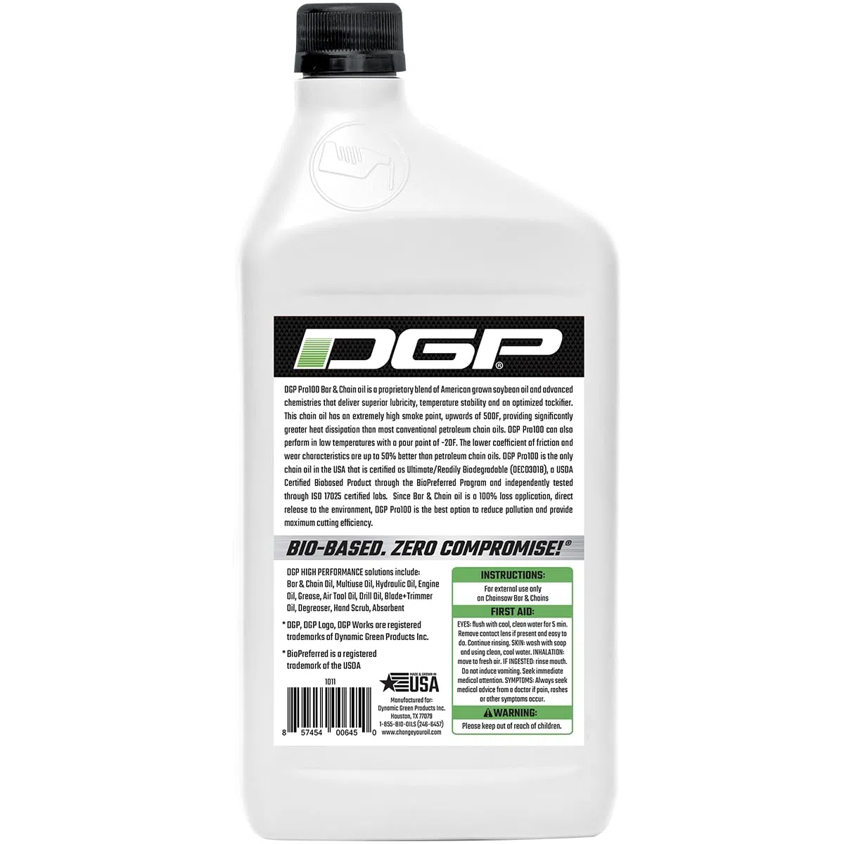 DGP Pro100 Aceite de motosierra biodegradable, lubricante profesional de alto rendimiento, no tóxico, verde, ecológico, ultraligero, lubricante para todo el año para barra