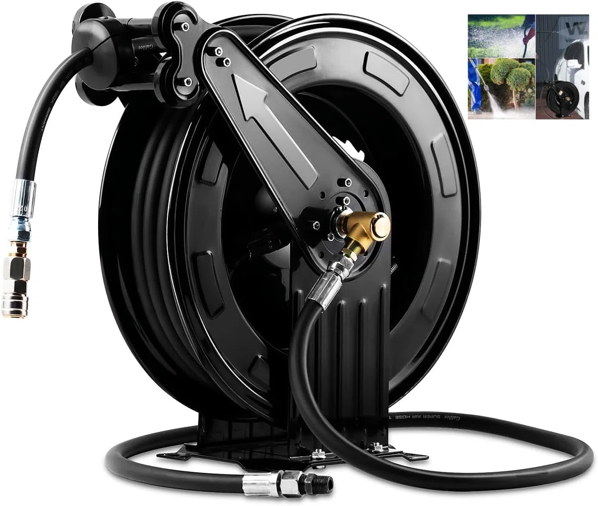 Carrete retráctil de manguera de lavado a presión, carrete de manguera profesional de acero resistente, doble brazo de 50 pies x 3/8 pulgadas con cable de 5 pies para agua/aire/aceite, 4000 PSI