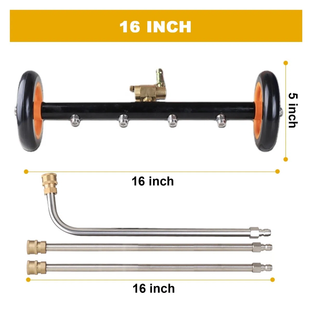 Limpiador de superficies bajos vehículos con hidrolimpiadora 16", cepillo agua, lavado suelos del chasis, conector rápido 1/4"(Orange)