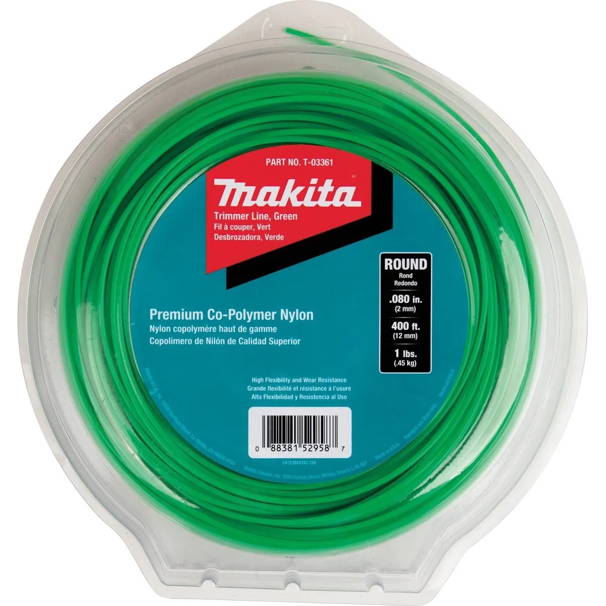 Makita T-03361 línea de Recortadora Redonda, 0.080 Pulgadas, Verde, 400 pies, 1 Libra