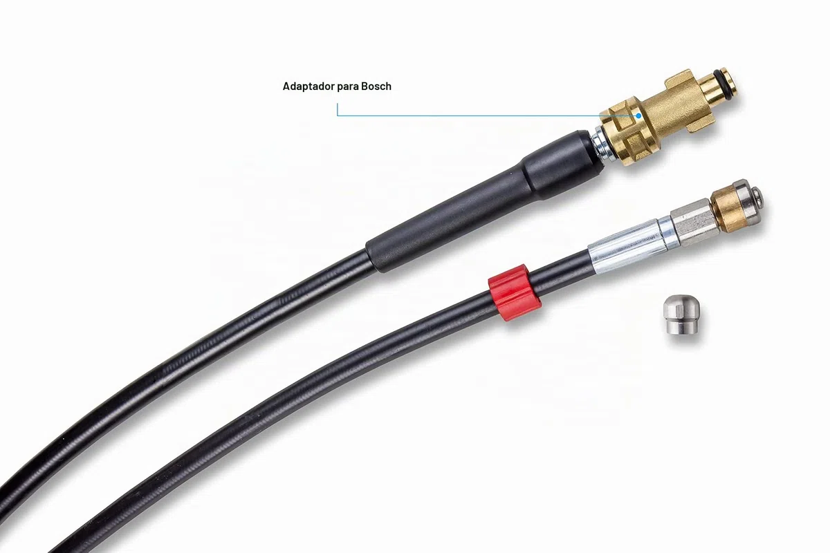 Desatascador de Tuberias para Hidrolimpiadora 15m, 200 bares - Manguera de Limpieza compatible con Bosch, Black+Decker, Nilfisk, Makita - Boquilla Fija, Boquilla Giratoria KNOFER