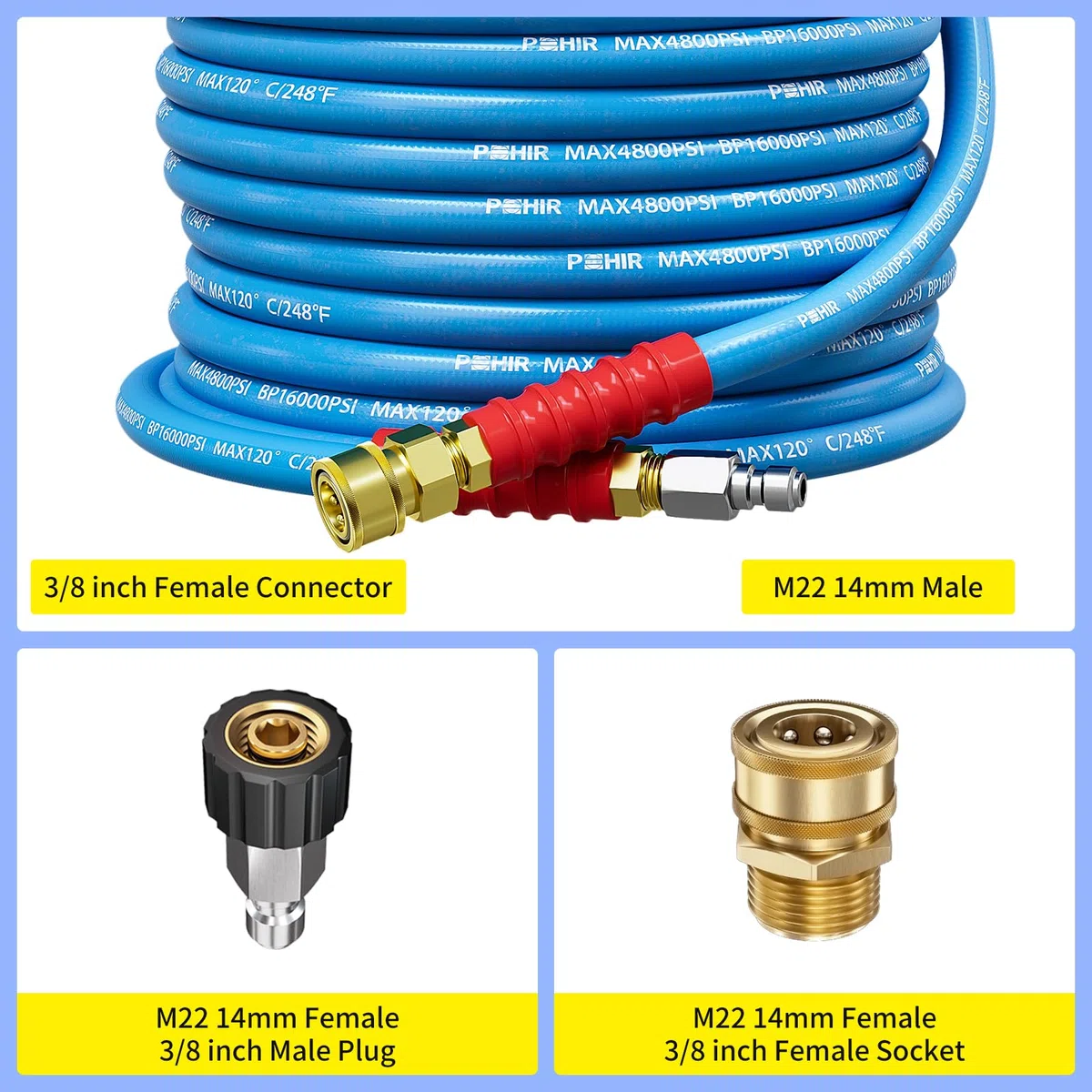POHIR Manguera de lavado a presión de 25 pies de 3/8 pulgadas 4800 PSI, manguera de grado industrial resistente a las torceduras con extremos de conexión rápida y adaptadores para agua caliente y fría | Manguera sin marcas para agua fría y caliente hasta