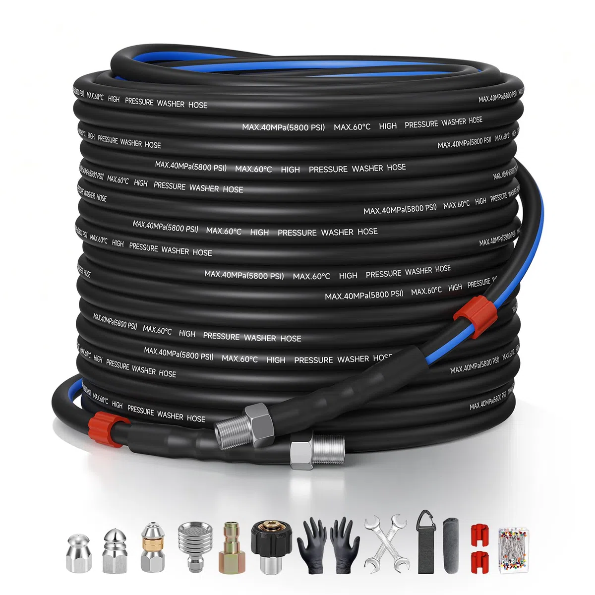 Kit de chorro de alcantarillado para lavadora a presión de 100 pies - 5800 PSI, manguera de limpieza de drenaje de 1/4 pulgadas NPT esquina con boquillas de alta presión, boquilla de