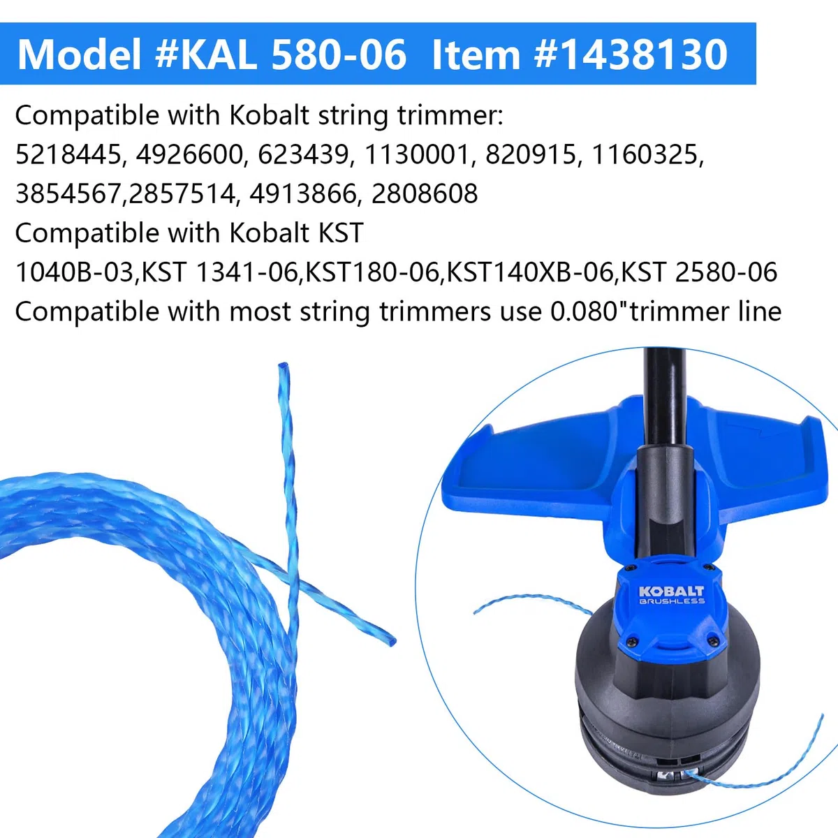 KAL 580-06 KSLA 58040-03 Línea de recortadora trenzada precortada de 0.08 pulgadas y 256.6 pies, compatible con recortadora de cuerdas Kobalt