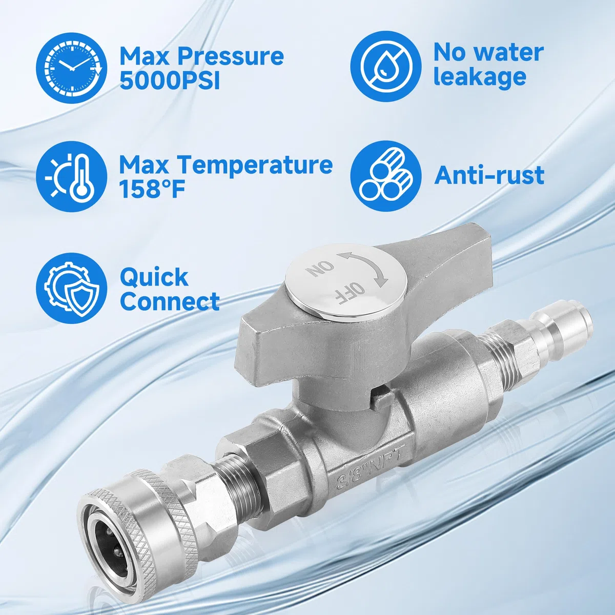 Lavadora a presión con válvula de bola, válvula de cierre de conexión rápida de 3/8 pulgadas para manguera de lavado eléctrico, 5000 PSI, acero inoxidable, ideal para cambiar rápidamente entre