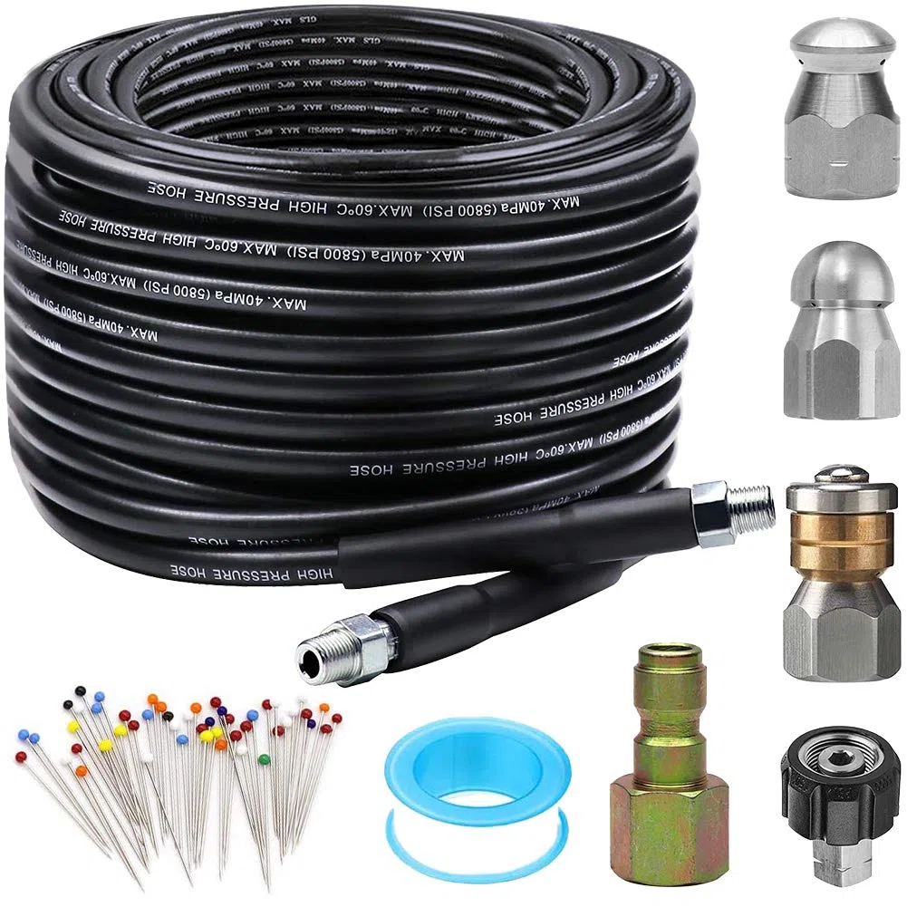 Kit de chorro de alcantarillado para lavadora a presión de 50 pies, manguera limpiadora de drenaje de 5800 PSI, esquina NPT de 1/4 pulgadas, boquilla giratoria y boquilla de chorro de