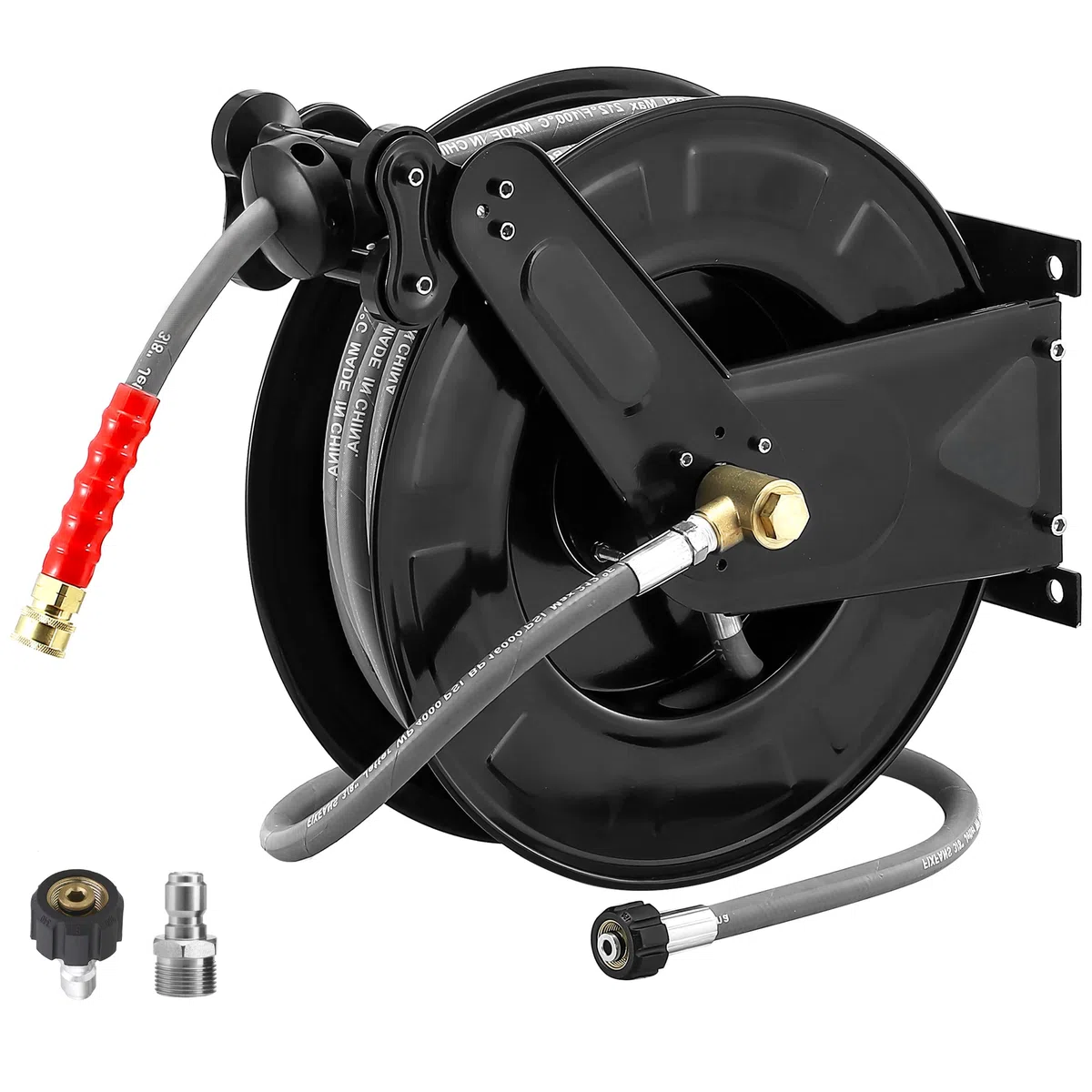 M MINGLE Carrete de manguera de lavado a presión con manguera para agua caliente y fría, carrete de manguera de lavado de alta potencia de acero de 3/8 pulgadas x 50 pies, lavadora a presión montada