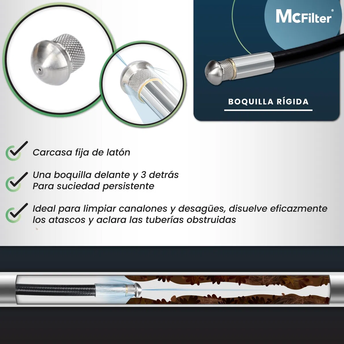 Manguera para limpieza de tuberías, 15m, 160-200 bar, incl. adaptador, boquillas rígidas + giratorias, compatible con las limpiadoras de alta presión Karcher K2, K3, K4, K5, K6, K7