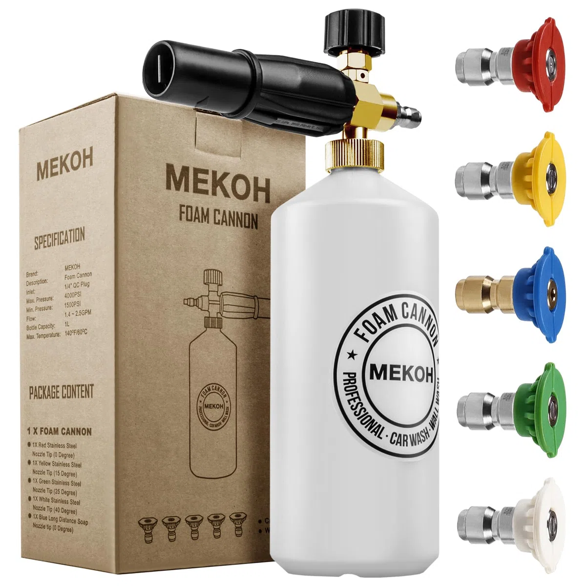 MEKOH Cañón de espuma ajustable de 1 litro con conector rápido de 1/4 pulgadas, 5 boquillas de lavado a presión para limpieza de detalles de coche, color blanco