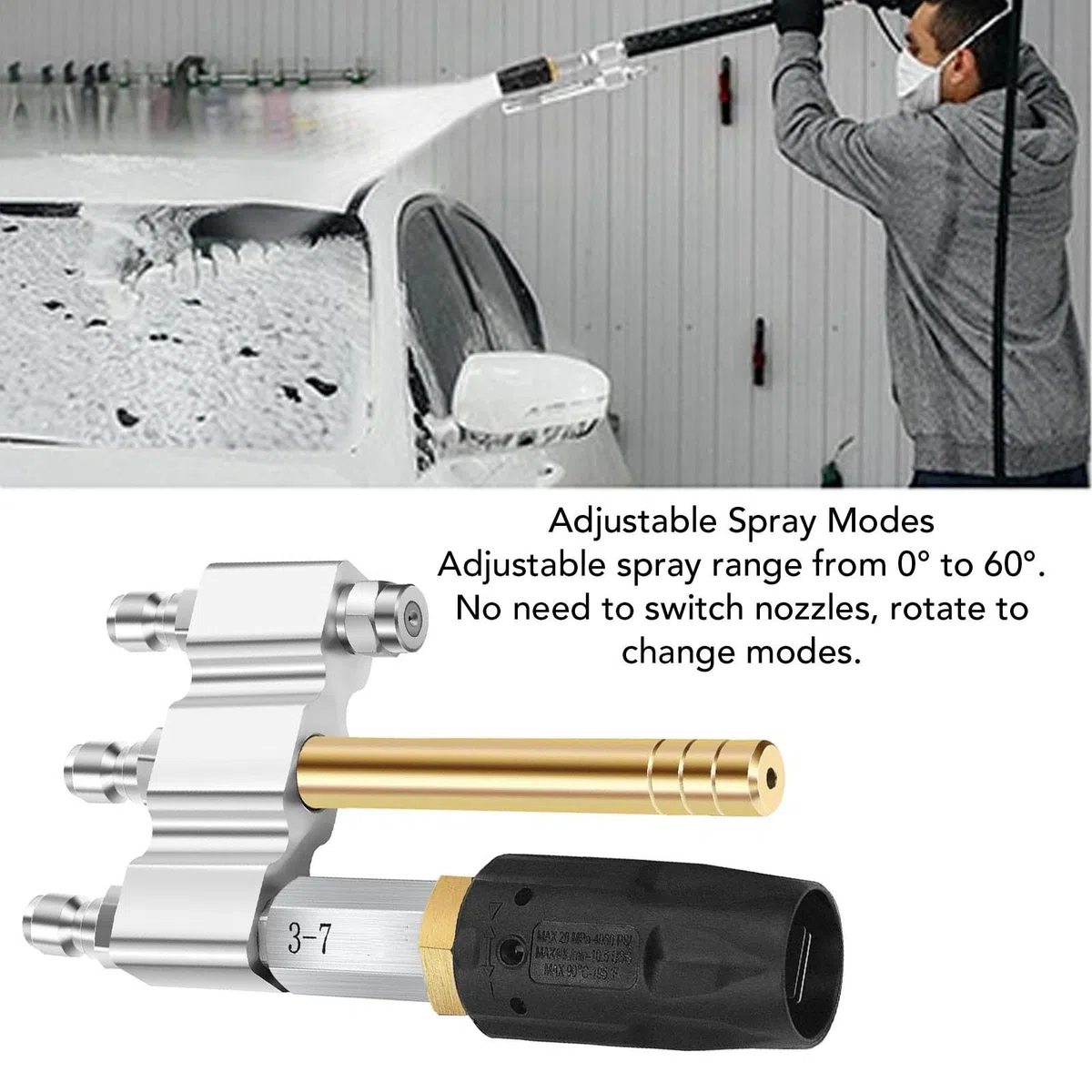 Boquilla de lavado a presión SustVita, tipo giro M5 con rociador ajustable 3 en 1, 1000-4050 PSI, 3-7 GPM, conexión rápida de 1/4 de pulgada para aplicación de jabón de largo