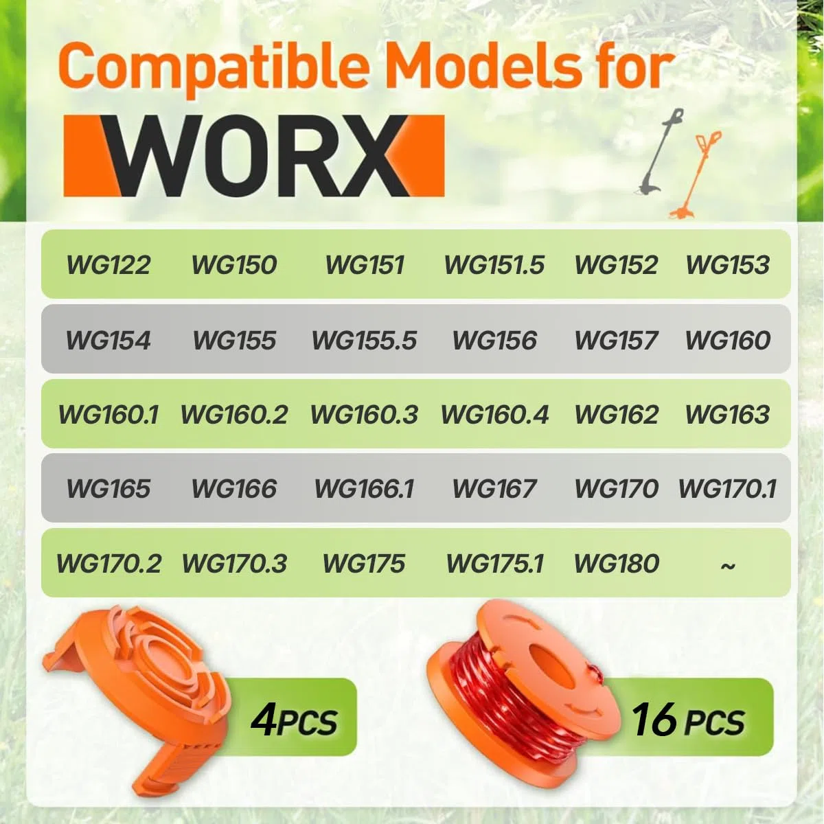 Paquete de 20 cuerdas WA0010 compatibles con Worx, 0.08 pulgadas, 10 pies/paquete, carrete de línea de repuesto para recortadora, compatible con recortadoras de cuerda Worx (16 carretes de