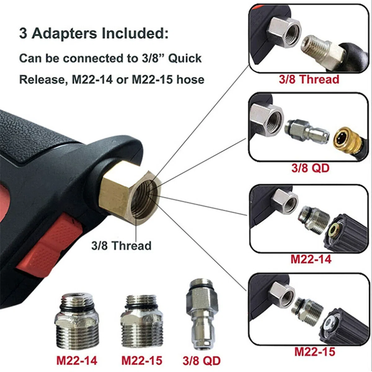 Kit de Rociador de Lavadora Alta Presión, Kit Limpieza Eficiente para Lavar Automóviles, Cercas o Techos, 5 Puntas Boquilla, Adaptadores Incluidos para Lavadora a Presión Eléctrica y Gas,