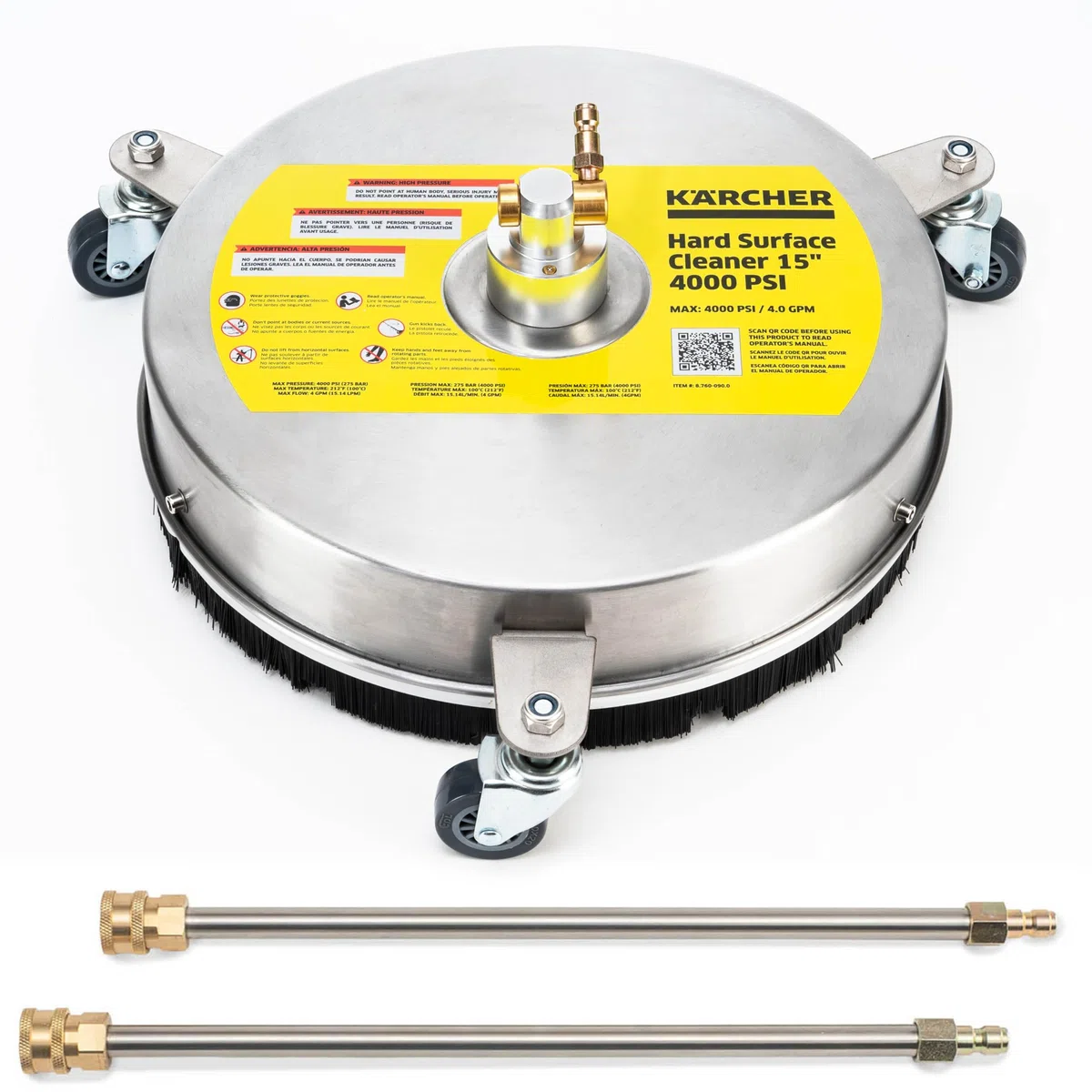 Kärcher - Limpiador Universal de Superficies de Metal de 4000 PSI con 3 Ruedas para lavadoras a presión - 15 Pulgadas y con 2 varitas de extensión - Accesorio para Lavadora a presión