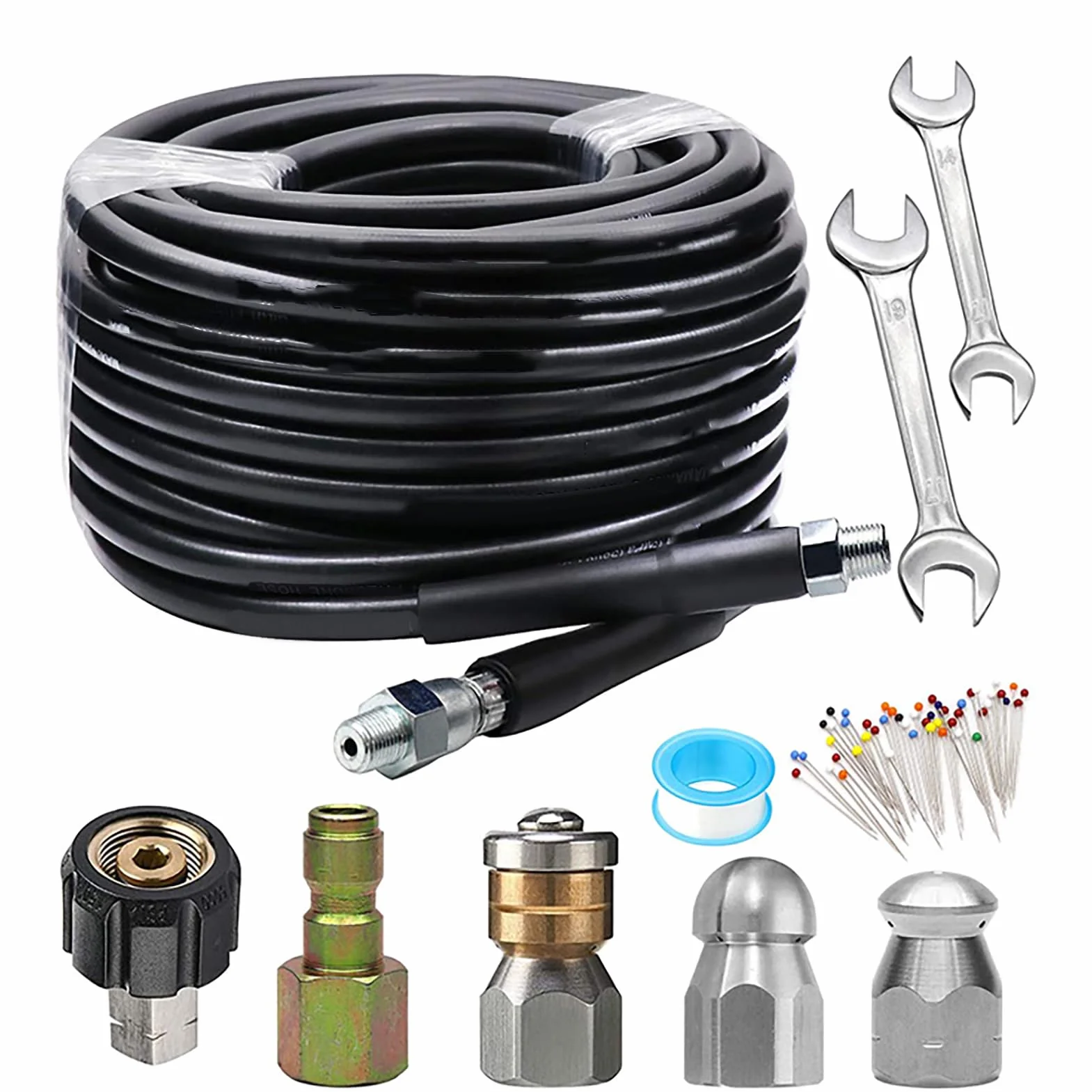 Akozon Kit de Chorro de Alcantarillado de 15M, Manguera Limpiadora de Drenaje de Alta Presión de 5800Psi con Boquillas, Conector Npt de 1/4 de Pulgada para Eliminación de Obstrucciones de Tuberías de