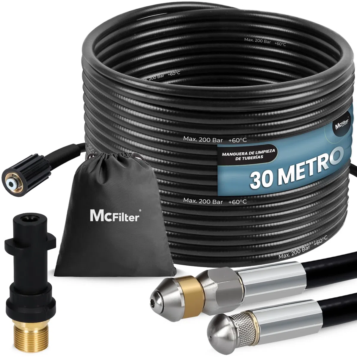 Manguera para limpieza de tuberías, 30m, 160-200 bar, incl. adaptador, boquillas rígidas + giratorias, compatible con las limpiadoras de alta presión Karcher K2, K3, K4, K5, K6, K7