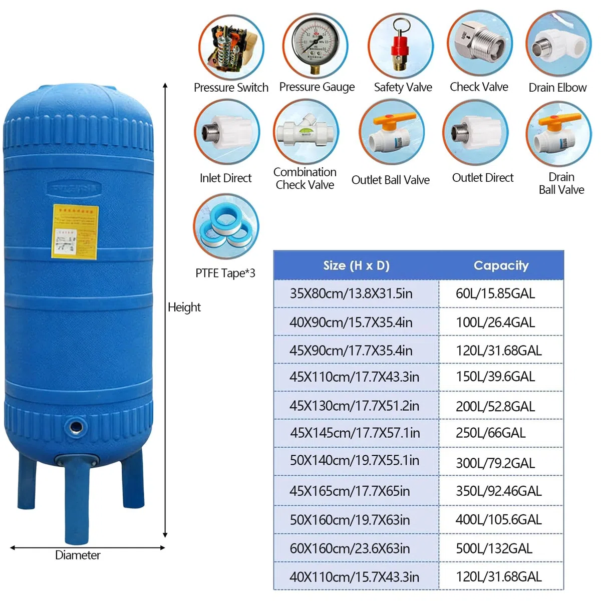 Tanque de presión para bomba de pozo, tanque de almacenamiento automático de presión de agua, diseño vertical para uso doméstico y limpieza industrial o riego de jardín