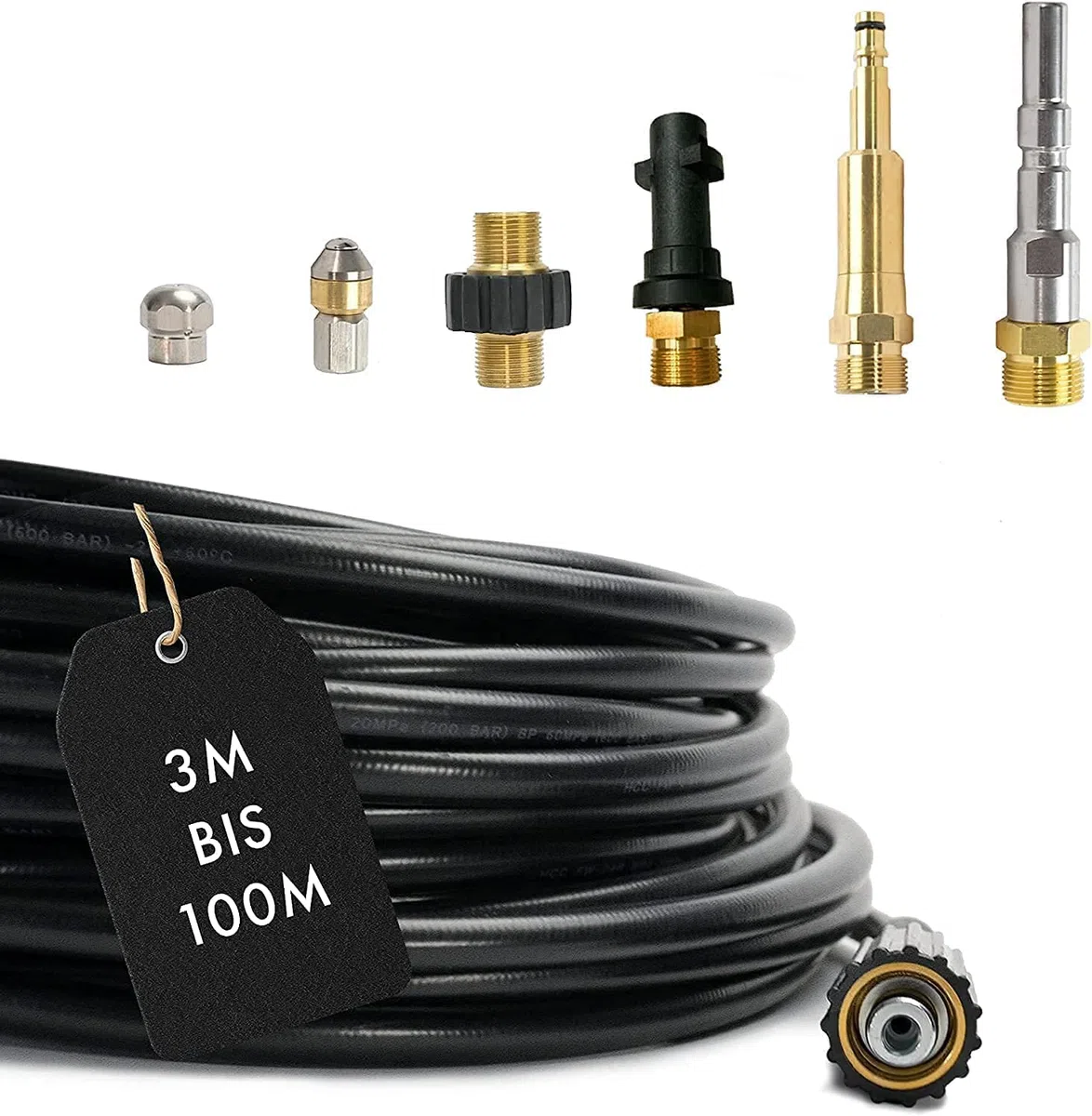 M&M Smartek kit limpieza tuberías 7 piezas 10 m para KEW, 160 bar, M22 | Kit desatascador con manguera, adaptadores y boquillas según variante; comprobar conexiones, presión, contenido y equipo.