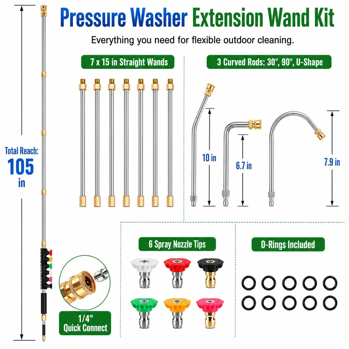 Varita de extensión para lavadora a presión para limpieza de canalones, 105 pulgadas, 4000 PSI, incluye 6 puntas de boquilla y 3 varillas curvas, conexión rápida de 1/4 pulgadas