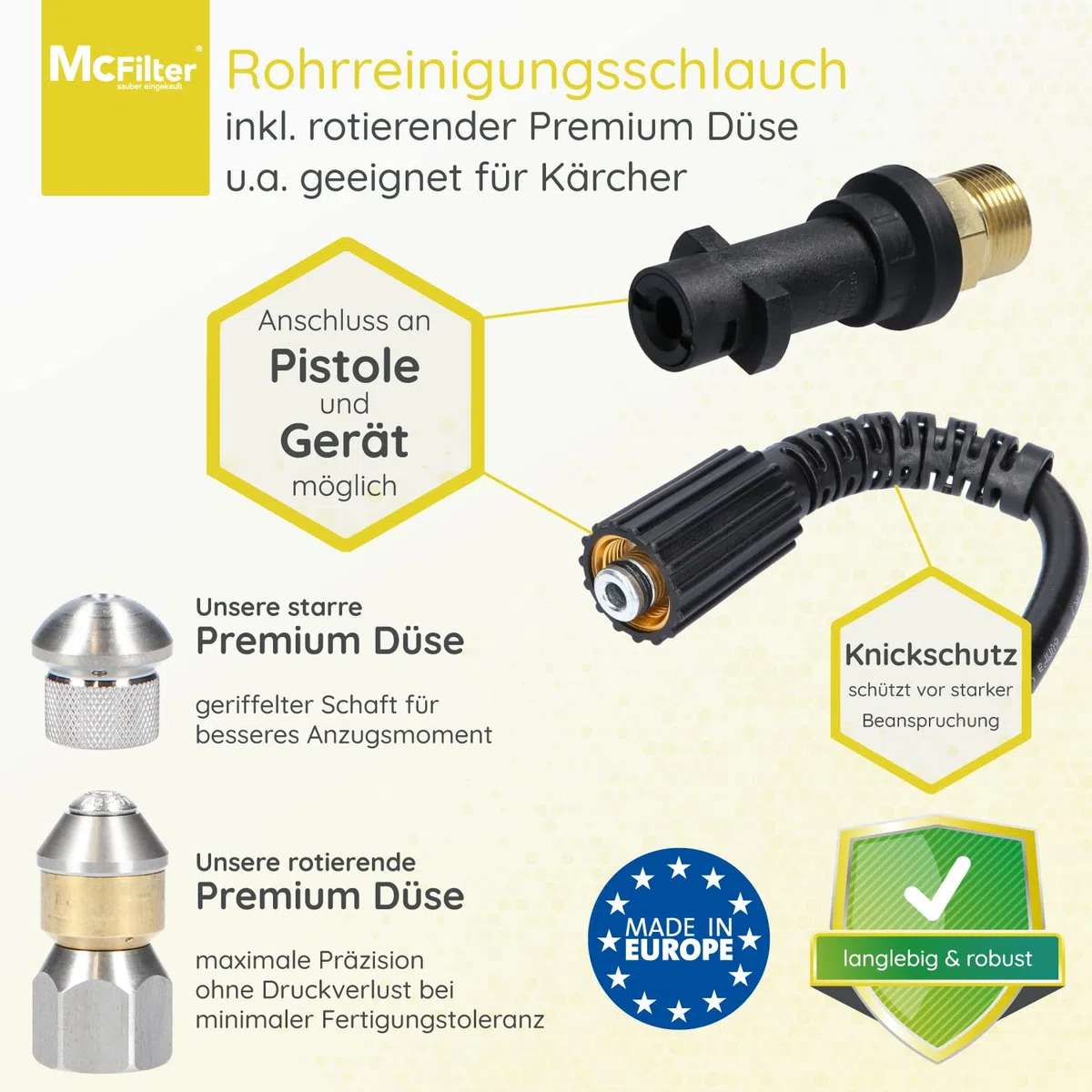 Manguera para limpieza de tuberías, 25m, 160-200 bar, incl. adaptador, boquillas rígidas + giratorias, compatible con las limpiadoras de alta presión Karcher K2, K3, K4, K5, K6, K7
