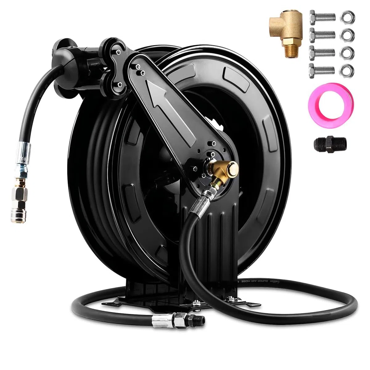 Carrete de manguera de lavado a presión, retráctil automático montado en la pared y de pie, rebobinado automático de acero resistente para agua, aire, aceite (15 m)
