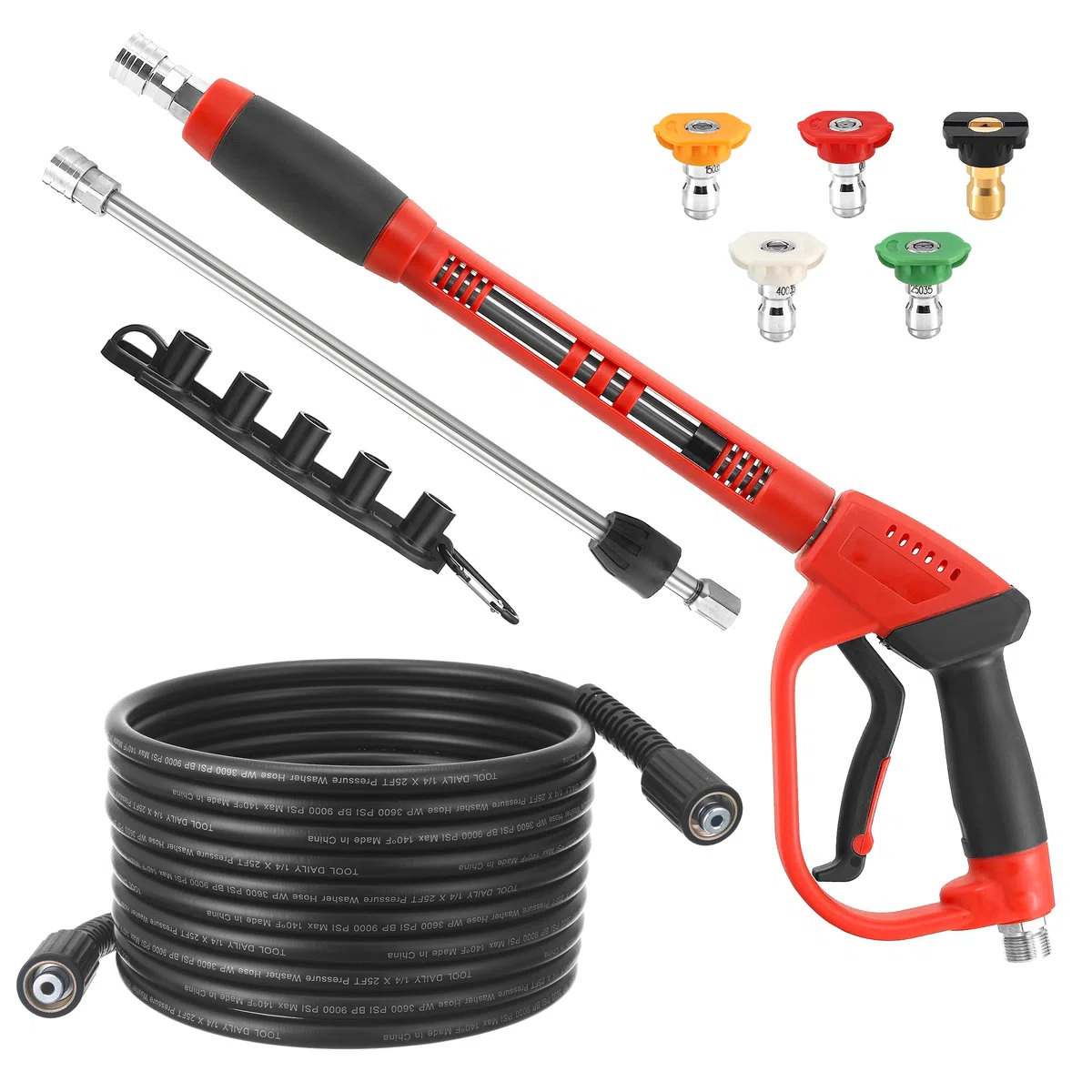 Tool Daily Kit de pistola y manguera de lavado a presión, manguera de lavado eléctrico de 25 pies | Accesorio M22-14, extensión de varita de repuesto, 5 puntas de boquilla de pulverización con soporte, 3600 PSI