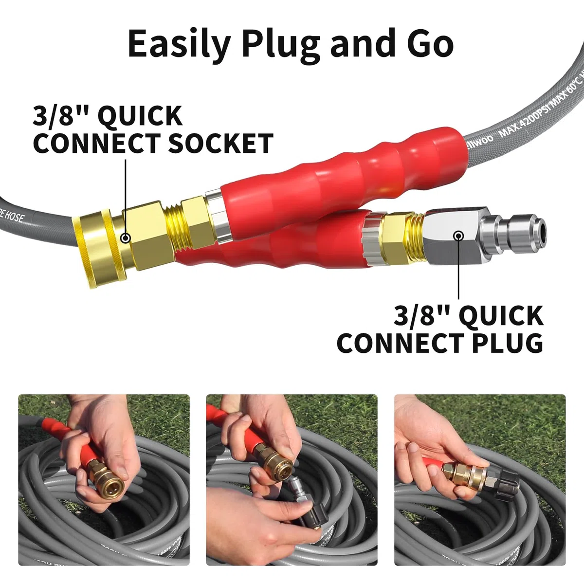 Manguera de lavado a presión de 50 pies, manguera de extensión de alambre trenzado de 4200 PSI, manguera de extensión de 1/4 pulgadas de alta resistencia, flexible resistente a las torceduras,