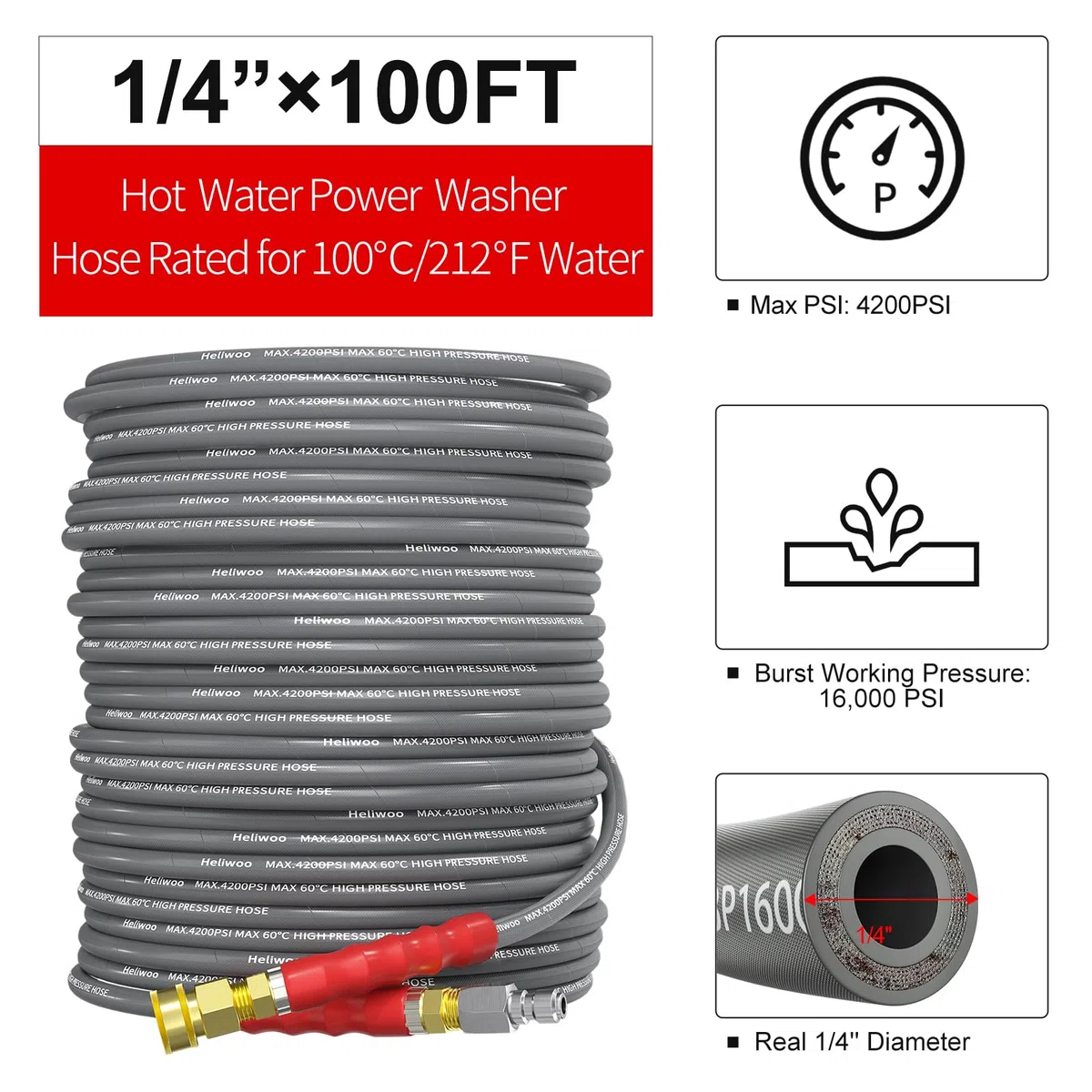 Manguera de lavado a presión de 100 pies, 4200 PSI con conexión rápida de 3/8, alambre de acero trenzado de grado comercial de 1/4, manguera de extensión de arandela eléctrica, juego de