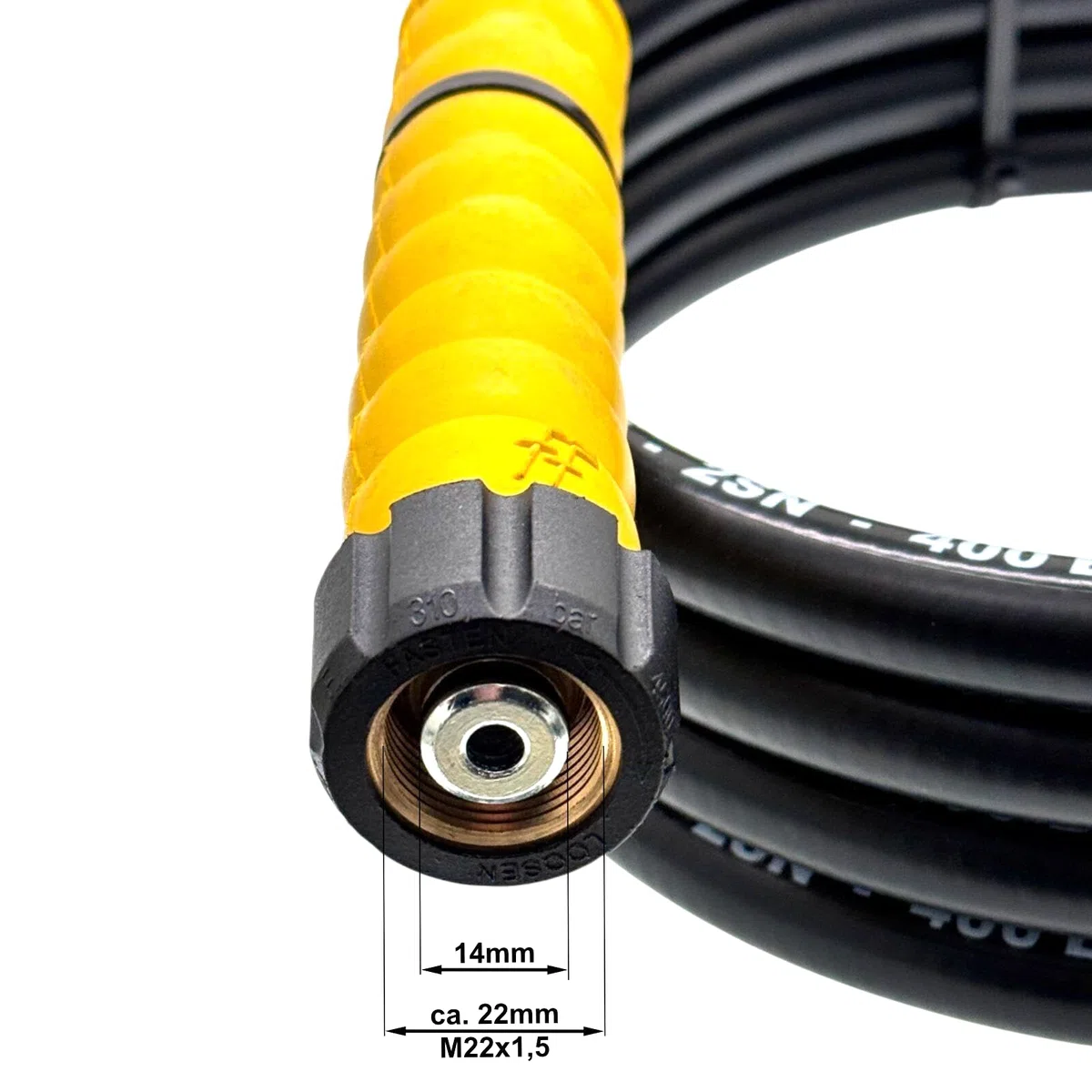 M&M Smartek manguera alta presión 20 m M22 IG tambor, 400 bar | Manguera reforzada de alta presión con protección anti-dobleces; comprobar conexiones, presión, temperatura y equipo seguro.