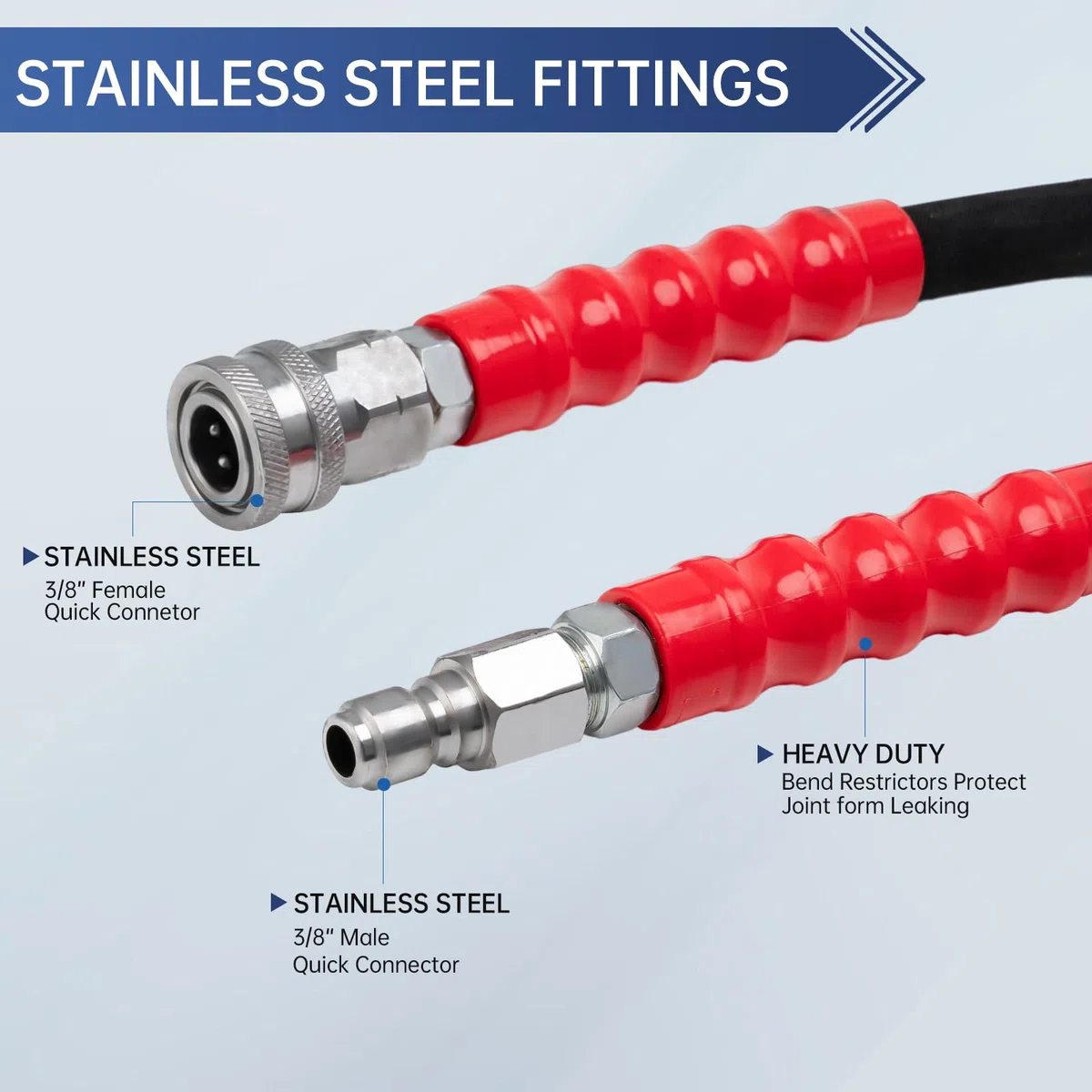 Manguera de lavado a presión de 3/8 pulgadas de 100 pies, resistente a torceduras, manguera de lavado de alta resistencia trenzada de alambre para agua caliente y fría con 2 piezas M22-14 mm, kit de
