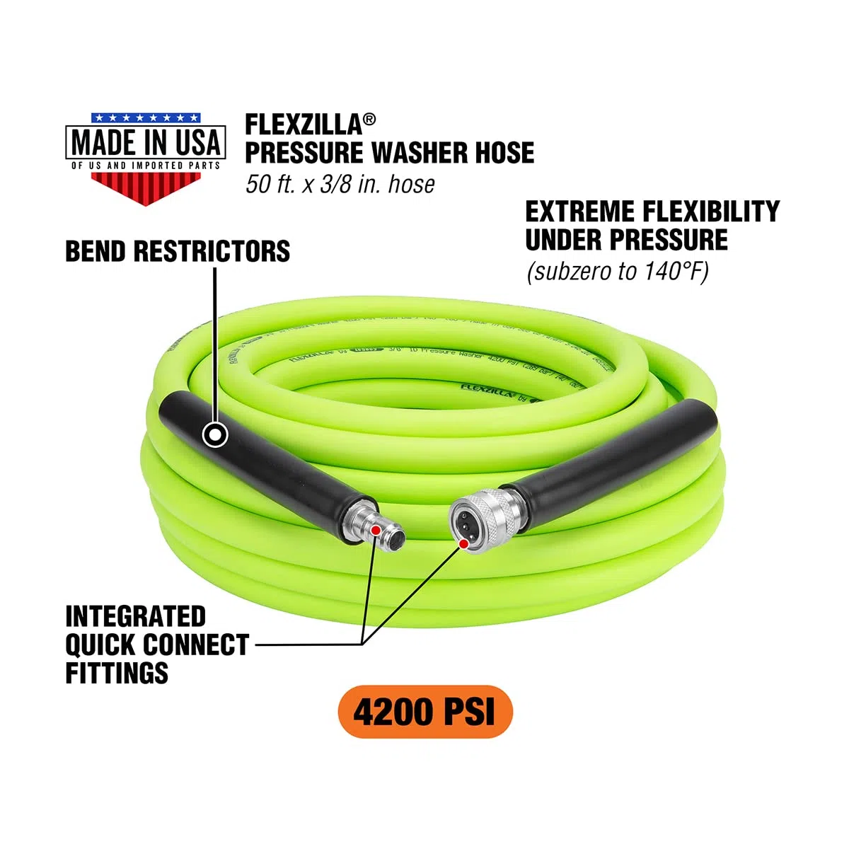 Flexzilla HFZPW426050Q-E Manguera para hidrolimpiadora de 4200 psi, (3/8") 0,95 cm x 15,2 m, color verde fosforecente (ZillaGreen)