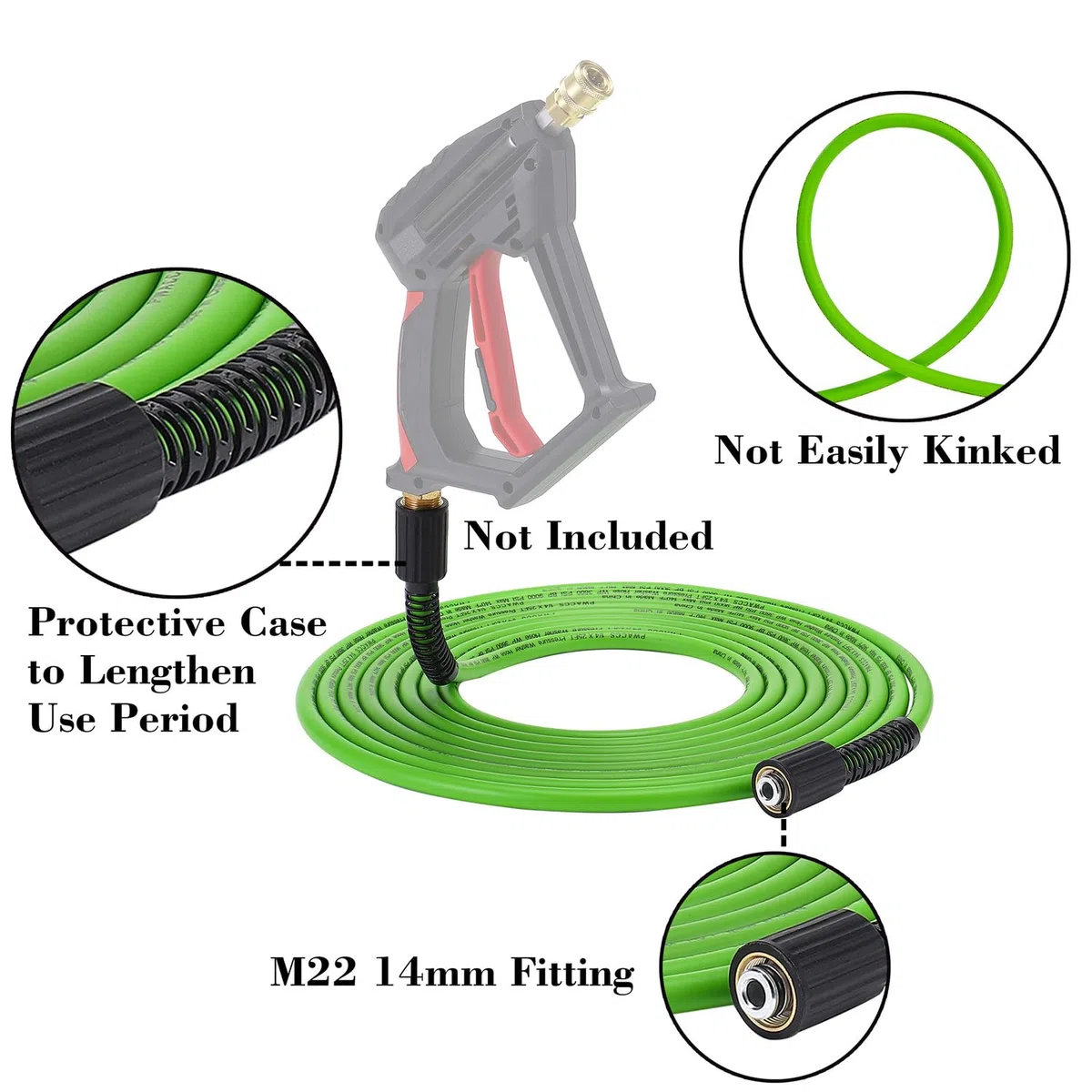 Manguera Hidrolimpiadora,15 m x 0.6 cm, con 5 piezas Conector Rápido,Manguera de Alta Presión con Accesorios M22 de 14 mm, 3600 PSI