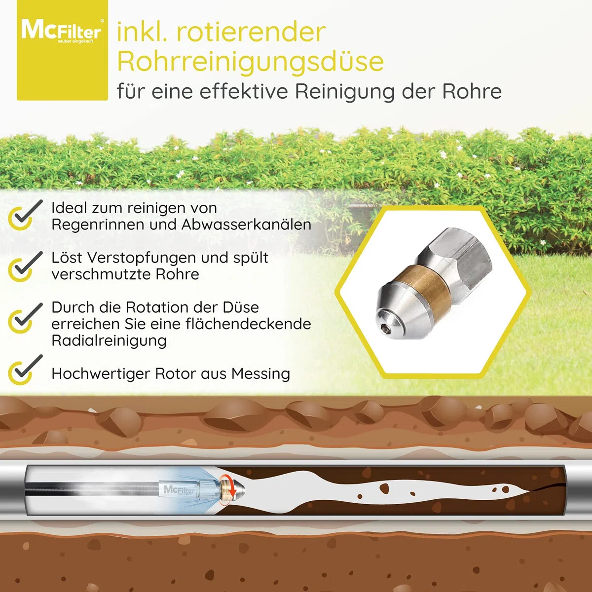 Manguera para limpieza de tuberías, 25m, 160-200 bar, incl. adaptador, boquillas rígidas + giratorias, compatible con las limpiadoras de alta presión Karcher K2, K3, K4, K5, K6, K7