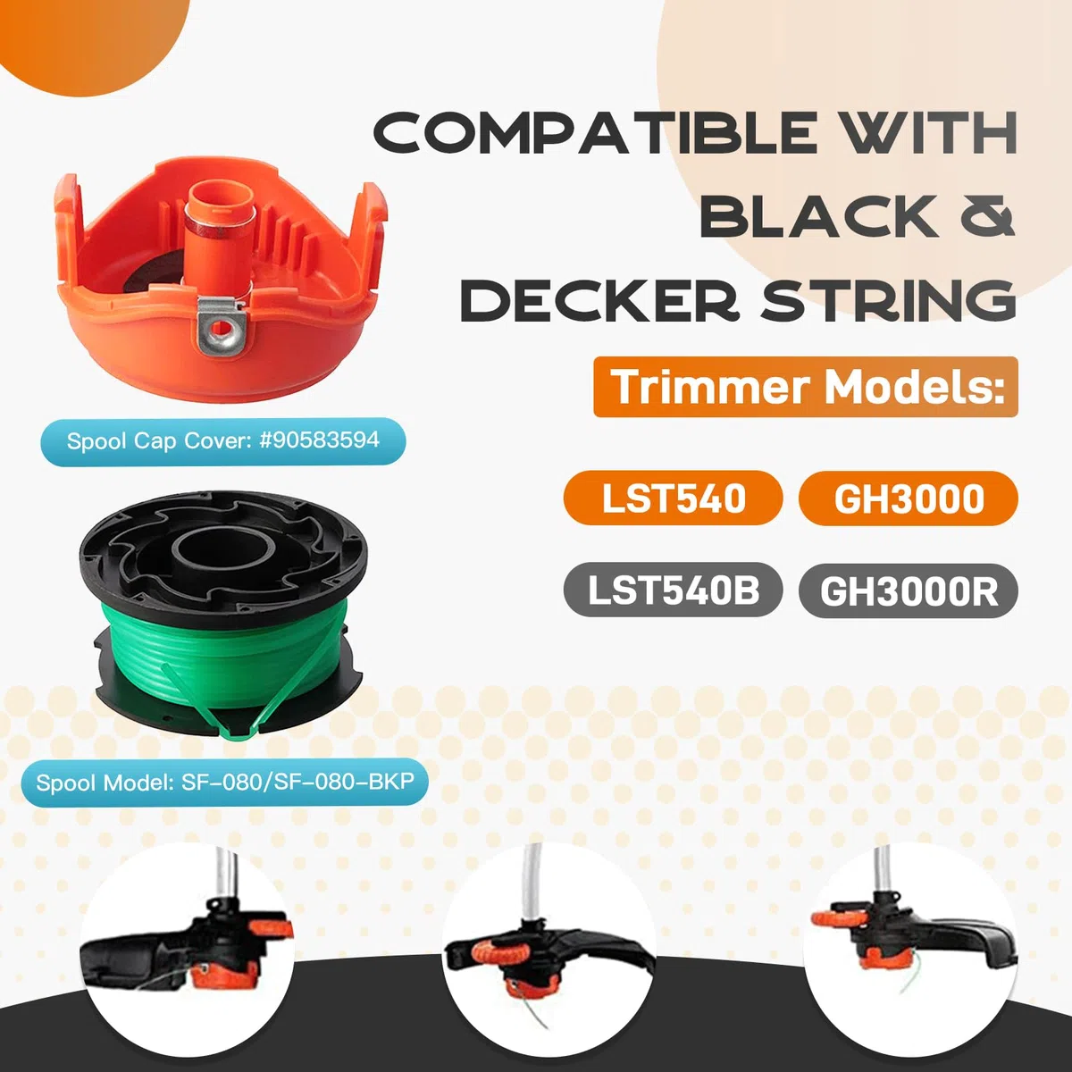 SF-080 SF-080-BKP compatible con Black and Decker GH3000 GH3000R LST540, SF080, carrete de alimentación automática de una sola línea de 20 pies 0.08 pulgadas con tapa 90583594, 10 unidades