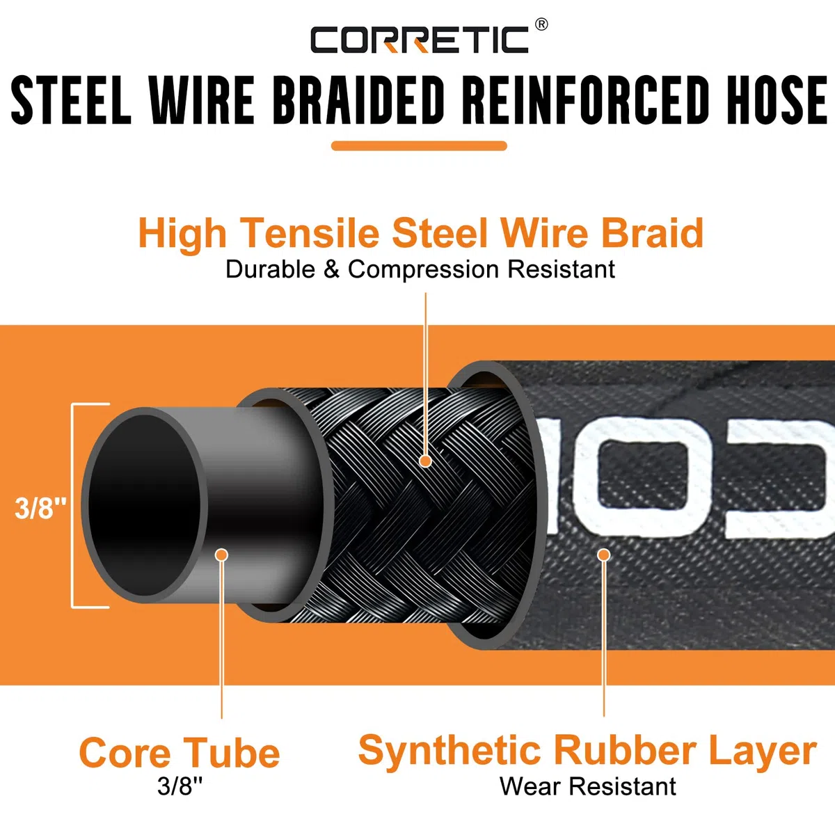 Pressure Washer Hose 50 FT, Heavy Duty & Non-Marking 3/8 Pressure Washer Hose 4000 PSI Kink Resistant, High Tensile Wire Braided Power washing Hose, M22 14mm Brass Thread Adapter Set