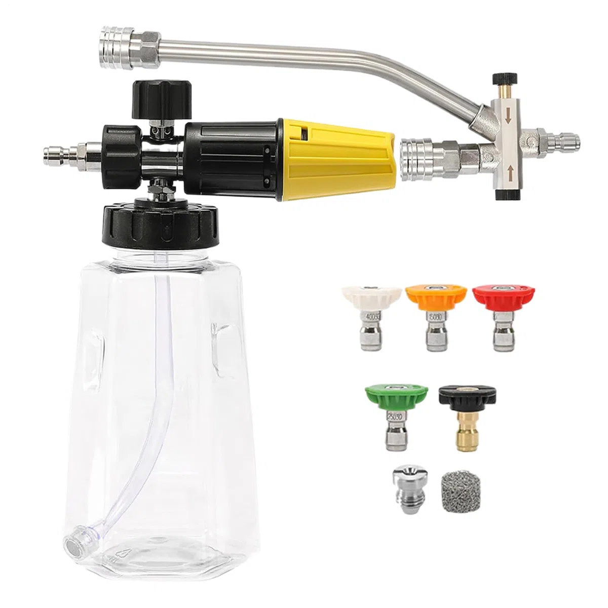 Lanza de Espuma Doble Conector | Espumador para Manguera de Agua - Accesorios De Limpieza Con 5 Boquillas, Botella De Jabón 1000ml Para Terrazas Y Caminos