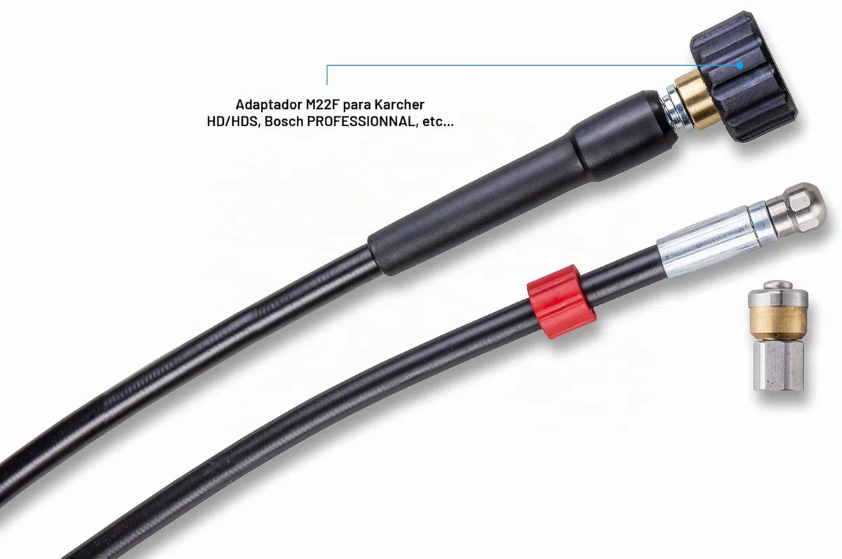 Desatascador de Tuberias para Hidrolimpiadora 30m, 200 Bares - Manguera de Limpieza Compatible con Karcher, Parkside, Lavor, Bosch Professional - Boquilla Fija, Boquilla Giratoria Knofer