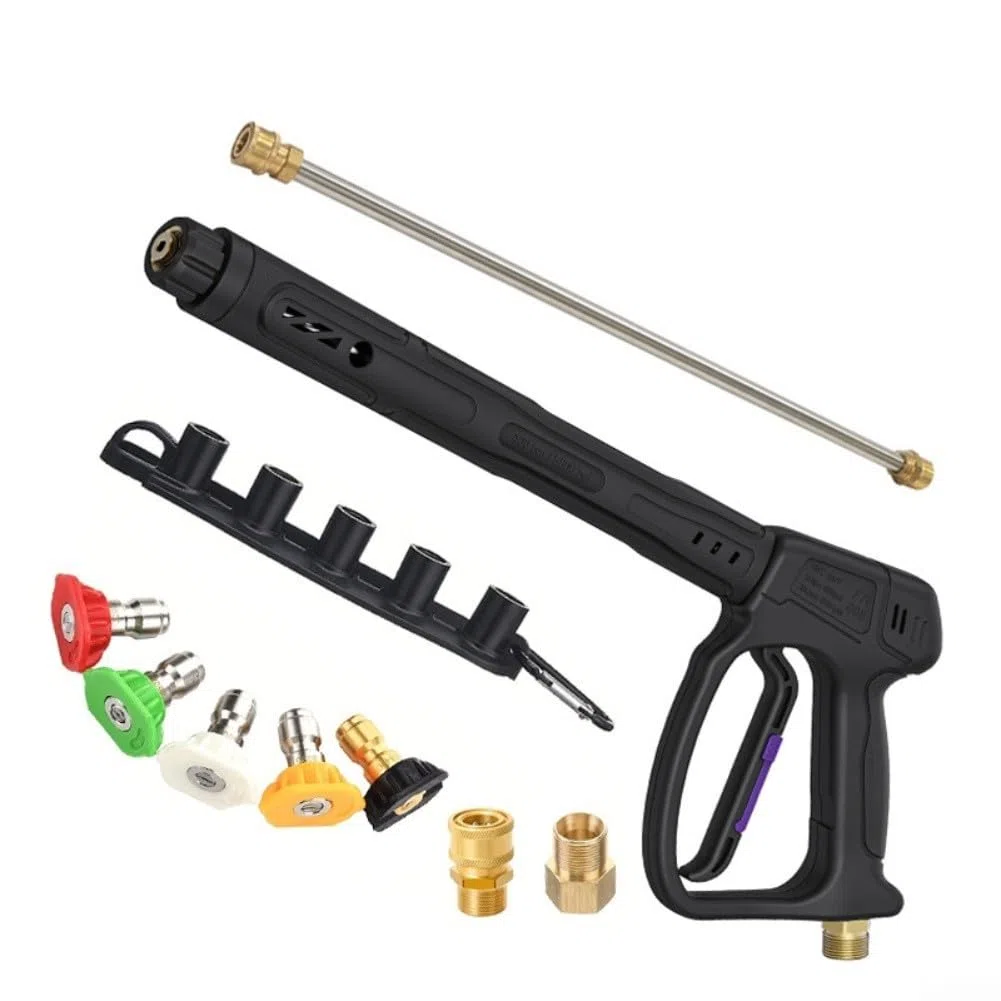 Pistola de limpieza de alta presión con giratorio, kit de lanza de pulverización de acero inoxidable, extensión ajustable y juego, surtido de boquillas de cinco colores, agua de ajuste de latón, para