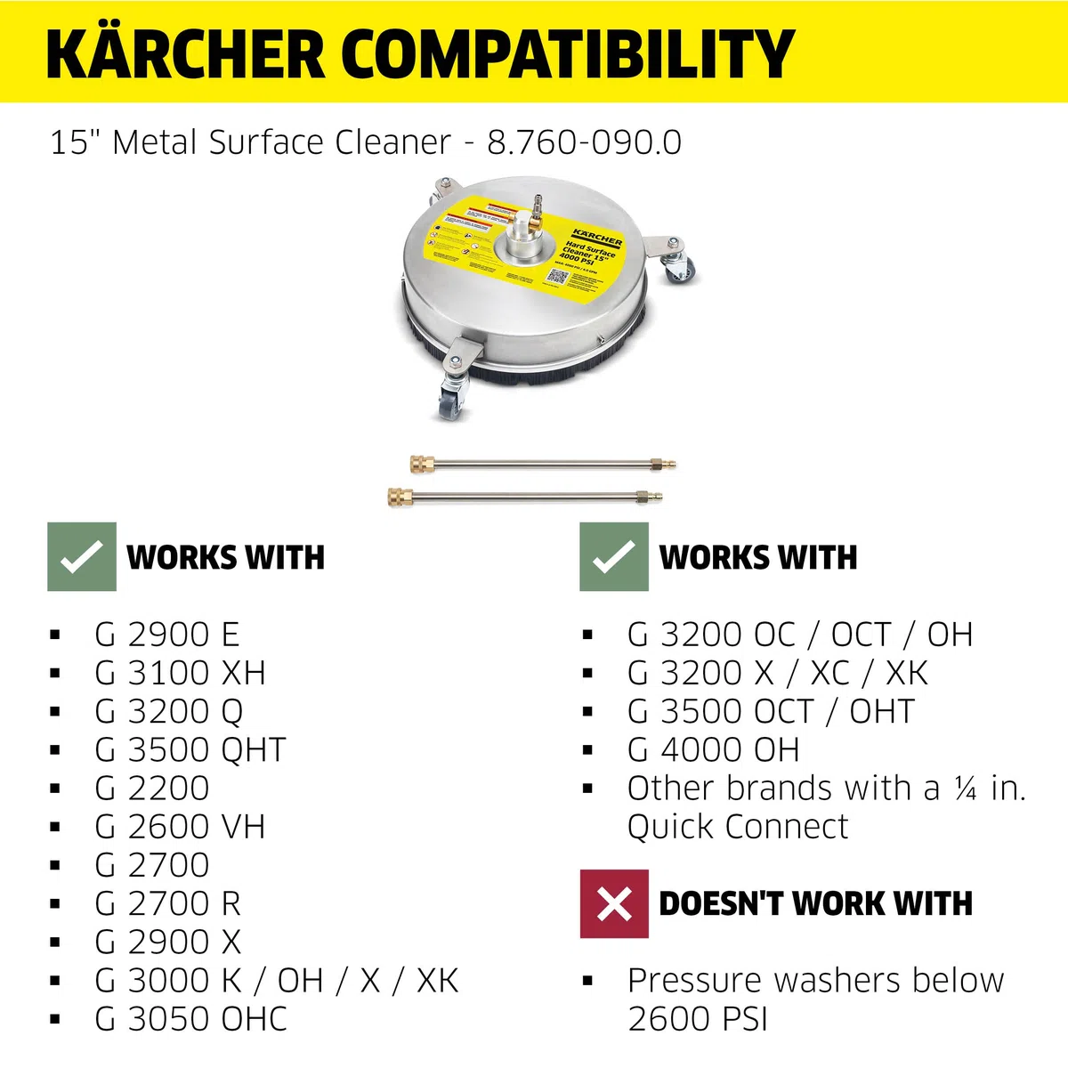 Kärcher - Limpiador Universal de Superficies de Metal de 4000 PSI con 3 Ruedas para lavadoras a presión - 15 Pulgadas y con 2 varitas de extensión - Accesorio para Lavadora a presión