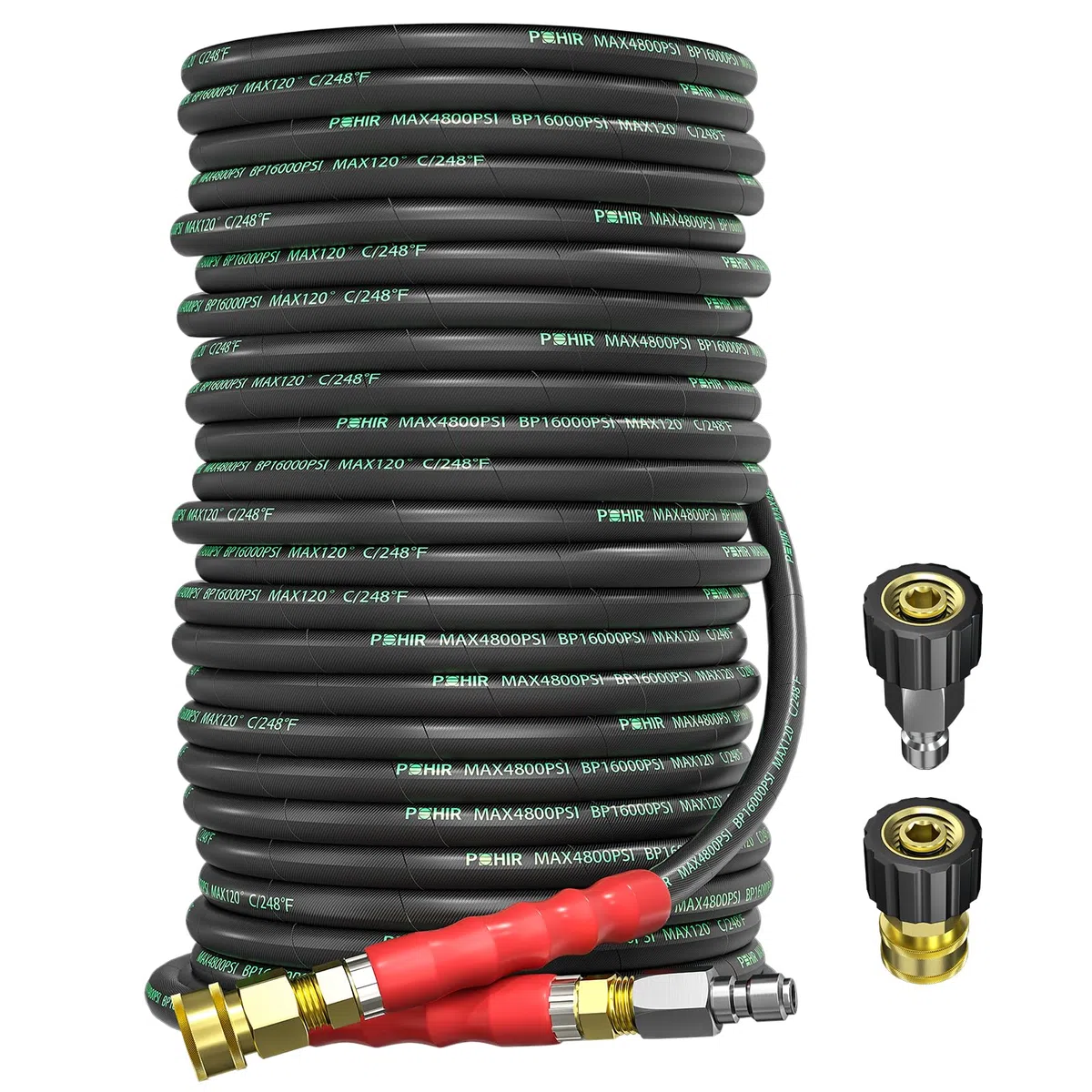 POHIR Manguera de lavado a presión de 3/8 pulgadas, 150 pies, 3800 psi, resistente a torceduras, alambre trenzado de alta resistencia, manguera de lavado eléctrico, agua fría y caliente, máximo 120.0