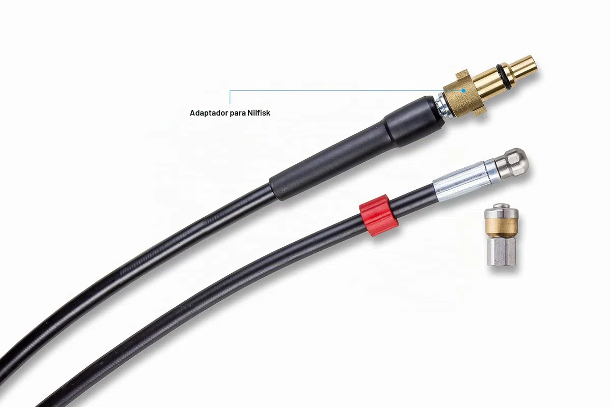 Desatascador de Tuberias para Hidrolimpiadora 15m, 200 bares - Manguera de Limpieza compatible con Bosch, Black+Decker, Nilfisk, Makita - Boquilla Fija, Boquilla Giratoria KNOFER