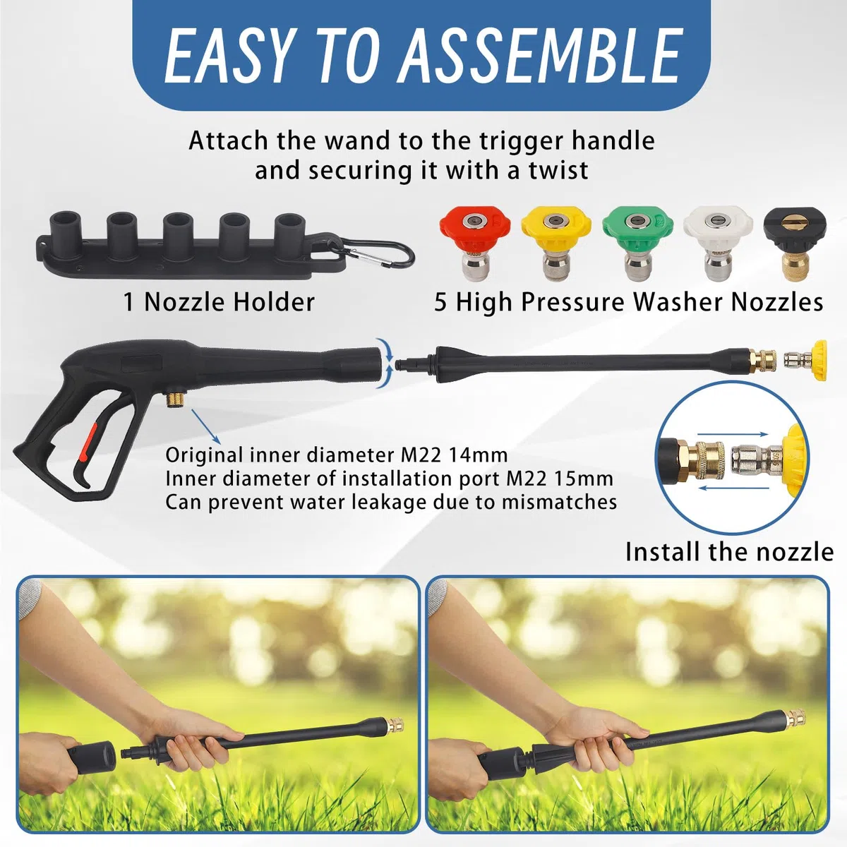 Kit de pistola de pulverización para lavadora a presión con varita de extensión y 5 puntas de boquilla de conexión rápida, incluye adaptadores M22-14 mm y M22-15 mm para compatibilidad universal de